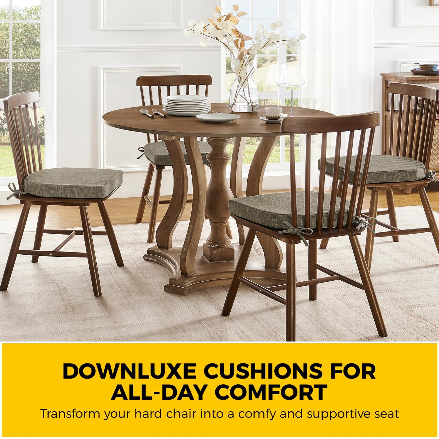 downluxe Indoor Chair Cushions for Dining Chairs, Soft and Comfortable Textured Memory Foam Kitchen Chair Pads with Ties and Non-Slip Backing, 16" x 16" x 2", Khaki, 4 Pack