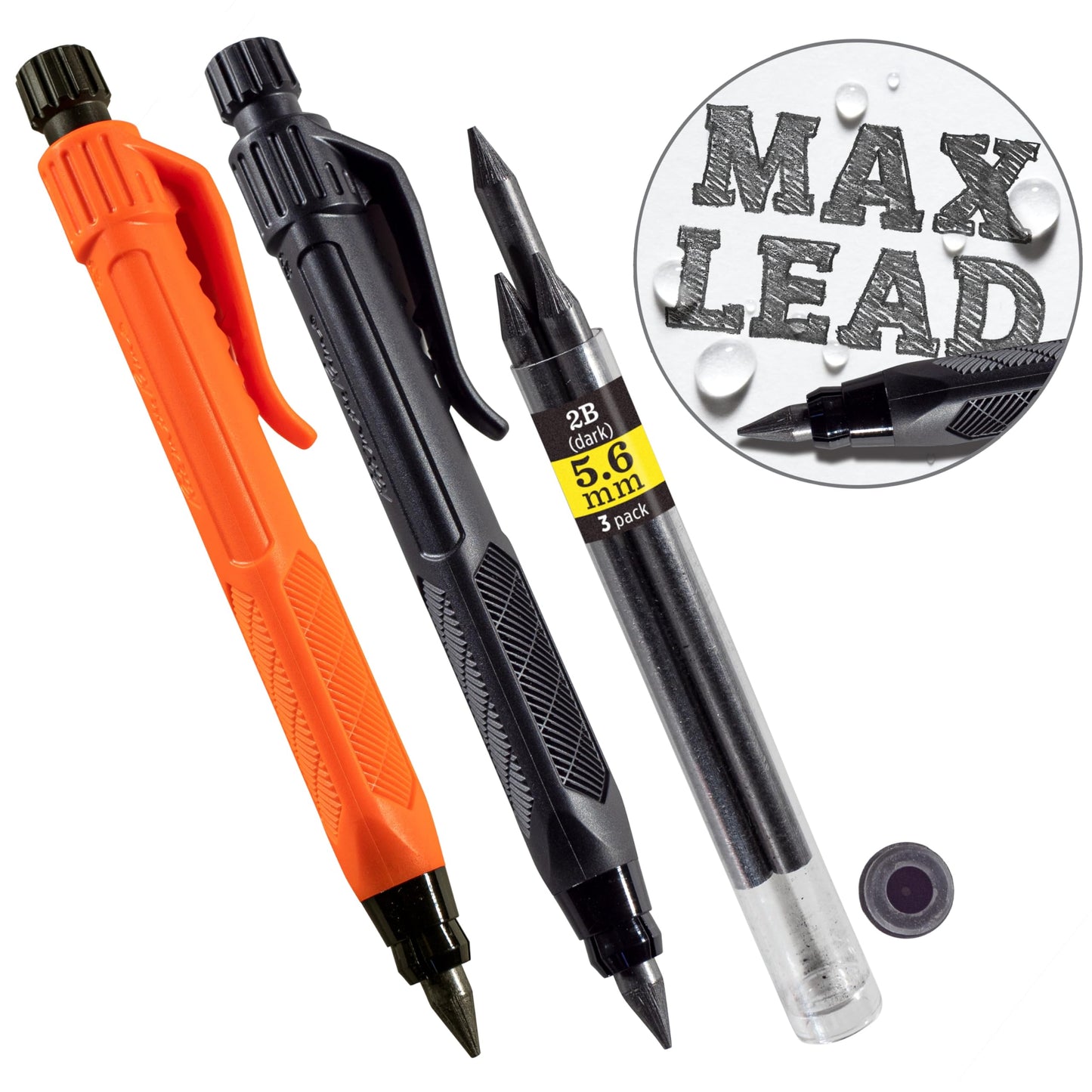Rite in the Rain Heavy Duty Gravity-Fed Lead Holder Pencil, 5.6mm Dark (2B) Lead, Black and Orange Barrel, 2 Pack (No. 56-2)