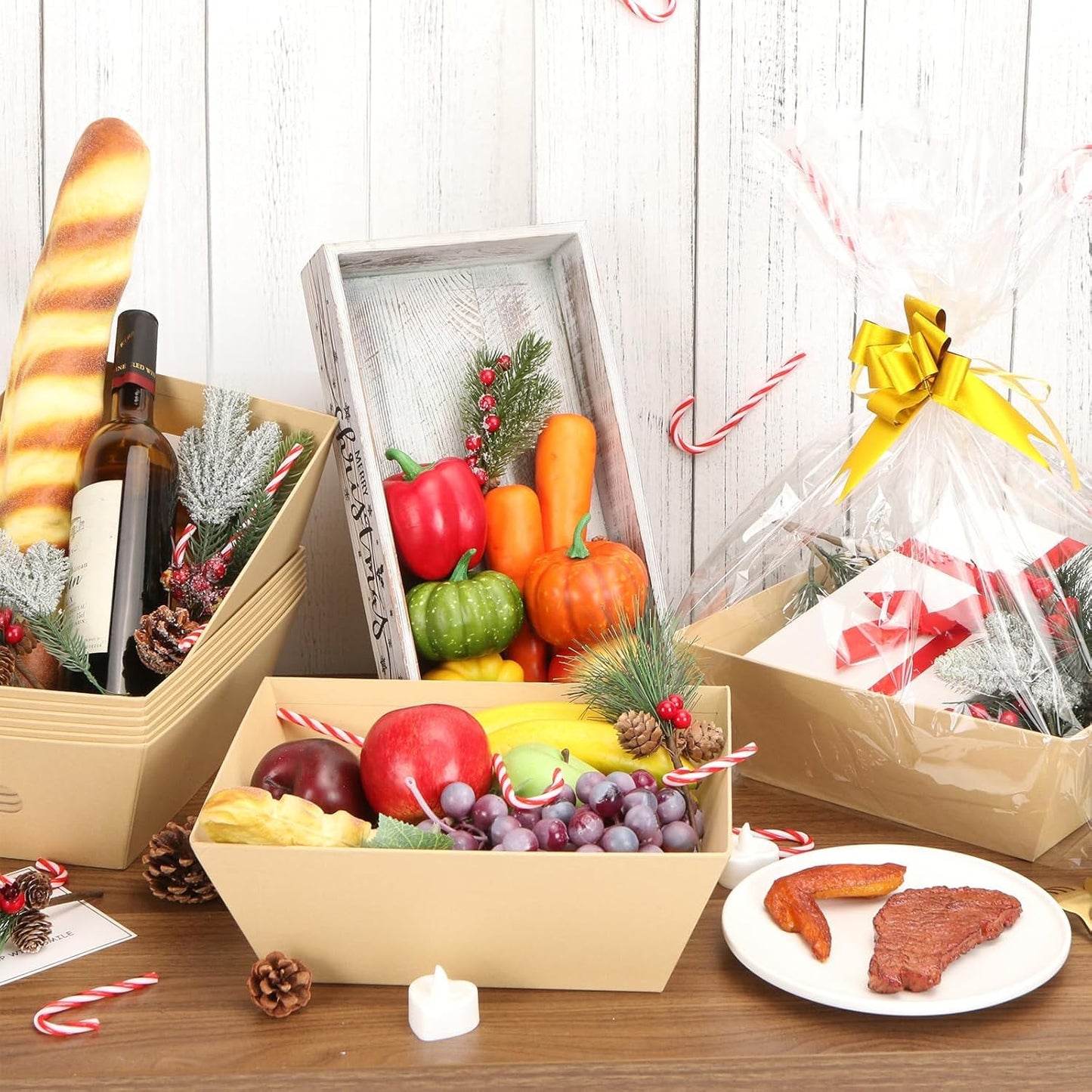 10 Pack Basket for Gifts Empty, 11.8" x 9.8" Extra Large Gift Basket Sturdy Kraft Market Tray With Handles Gift Baskets Empty to Fill for Birthday, Wedding, Baby Shower, Christmas, Valentines Day