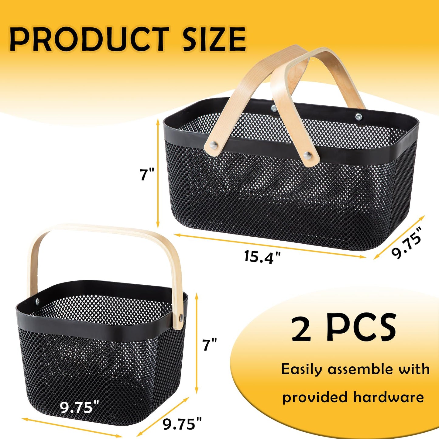 Nexboraque 2 Pack Plastic Picnic Baskets, Mesh Harvest Basket with Foldable Wooden Handle, Rectangle Fruit Vegetable Storage Organizer Bins for Gathering, Kitchen, Pantry, Black