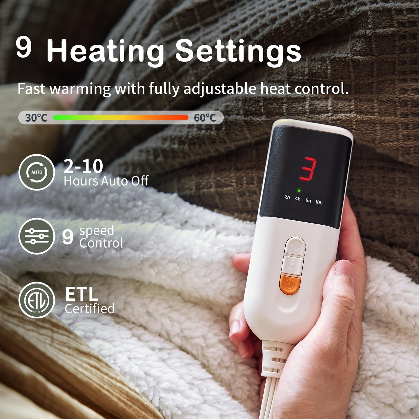 Heated Blanket Electric Blanket Throw 50''X60''-Heating Blanket with 9 Heat Settings-2-10 Hours Auto Off,ETL Certified,Machine Washable (Gray Green)