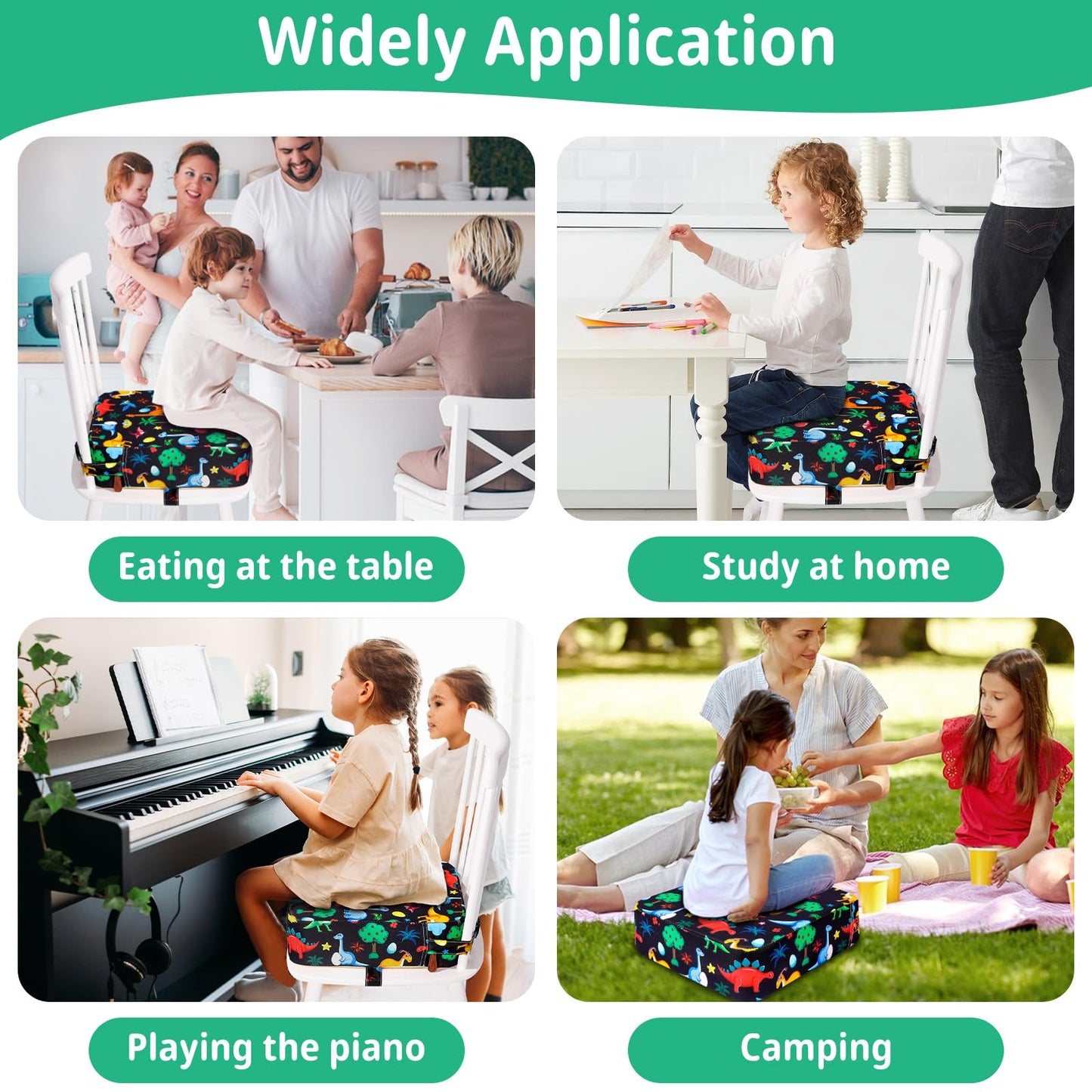 TOTIDYH Toddler Booster Seat for Kitchen Chair, Non-slip Kids Dining Table Booster Seat with Adjustable Safer Straps, Portable Baby Eating Travel Camping Increasing Cushion, Black Dinosaur
