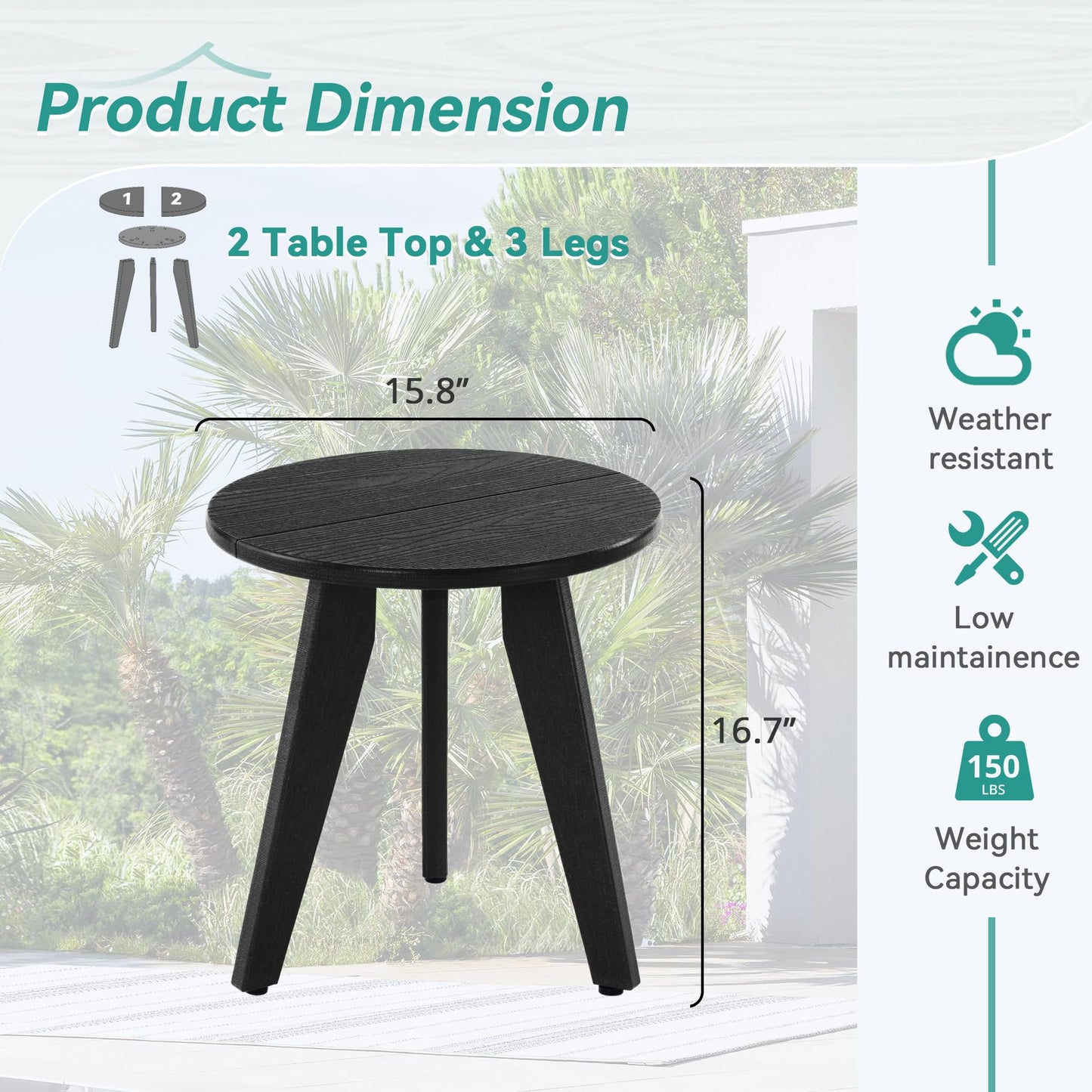 Homenjoy HDPE Outdoor Side Table, Small Round Side Table Weather-Resistant, Outdoor Side Tables for Patio, Porch, Deck, End Table for Plant Stand, Living Room, Bedroom, Black