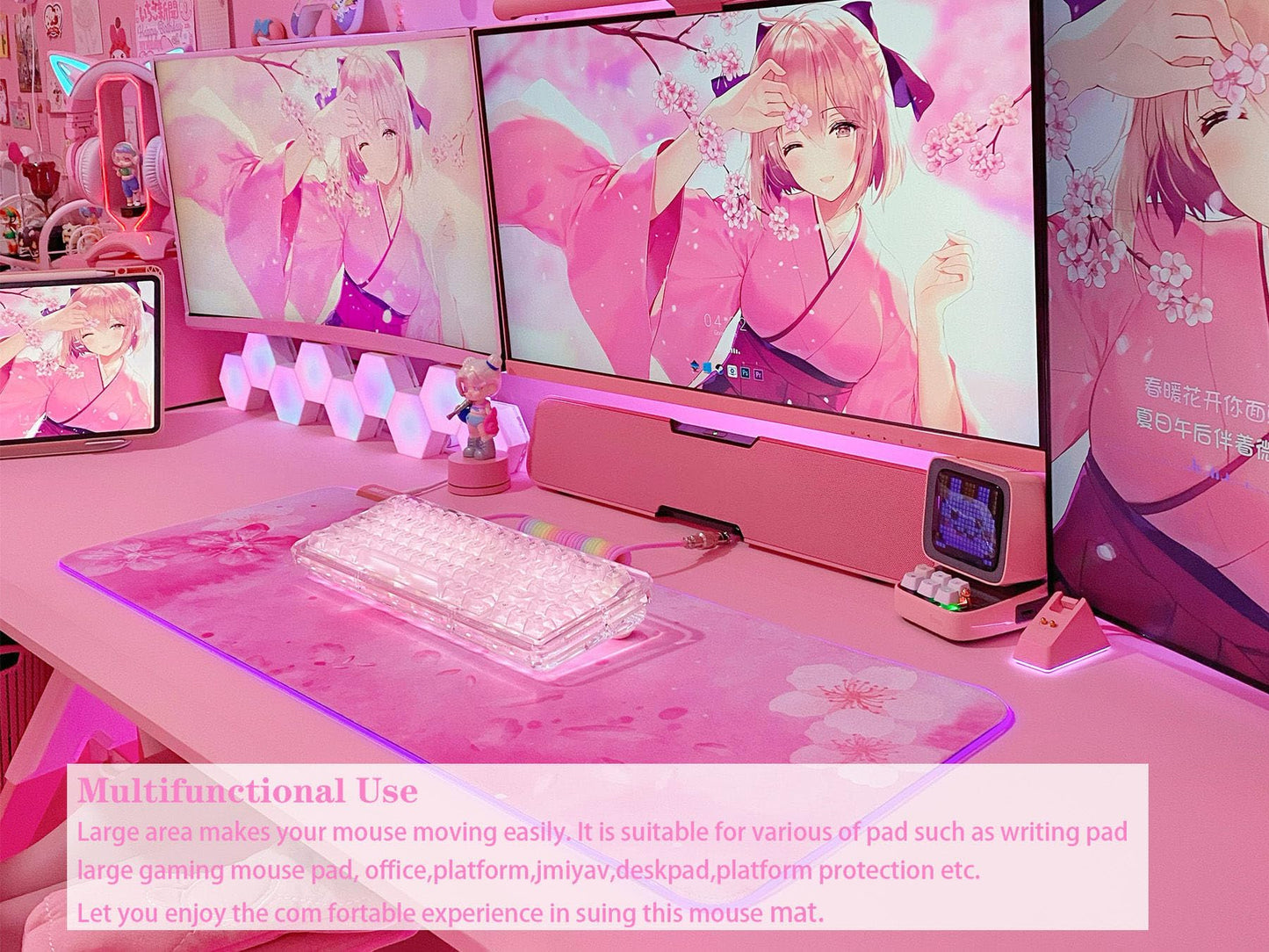 JMIYAV Pink RGB Gaming Mouse Pad 31.5x12 Inch PC XL Large Extended Mouse Pad Glowing LED Light Up Desk Pad Non-Slip Rubber Base Computer Cute Mousepad Mat Cherry Blossom
