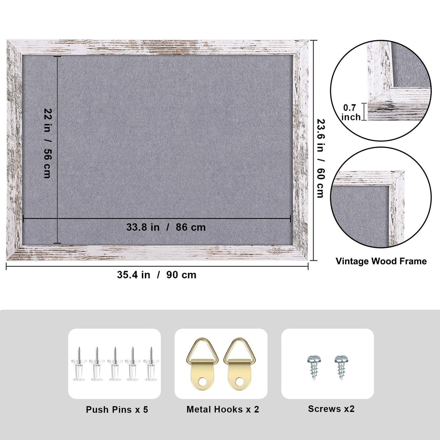 Aitakatta Gray Felt Cork Board Bulletin Board, Decorative Hanging Cork Boards for Walls with White Rustic Wood Frame, Pin Board Vision Board for Office Home and School with Pins, Screws (6090,WH,1pc)