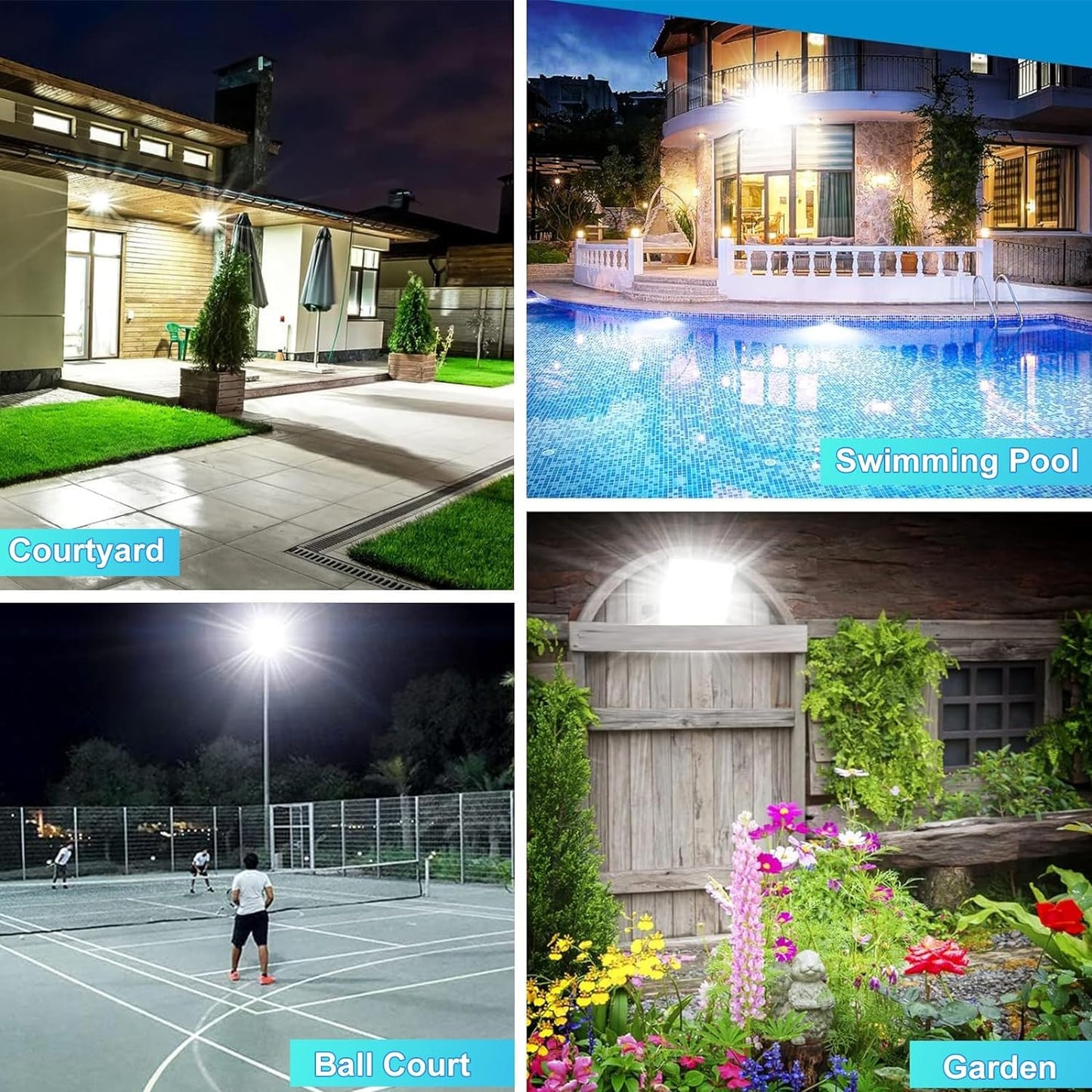 100W LED Outdoor Flood Light, 2 Pack 8000LM Plug in Flood Light Outdoor, IP66 Waterproof Exterior Security Lights, 6500K Daylight White Super Bright Floodlight for Garage, Yard, Lawn, Garden