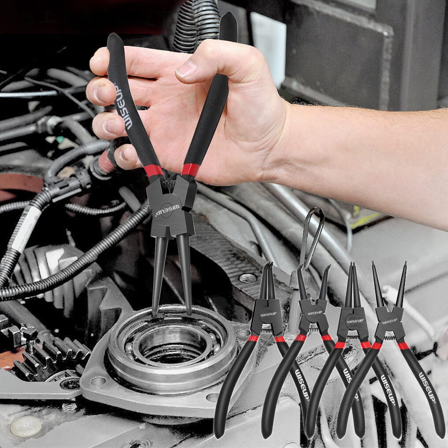 WISEUP Snap Ring Pliers Set With 225pcs Retaining Ring Set, 4PCS-7 inch (Tip Diameter 1/20") Circlip Pliers Kit,Straight/Bent Jaw Pliers Tips C-Clip Pliers for Ring Remover with Storage Pouch