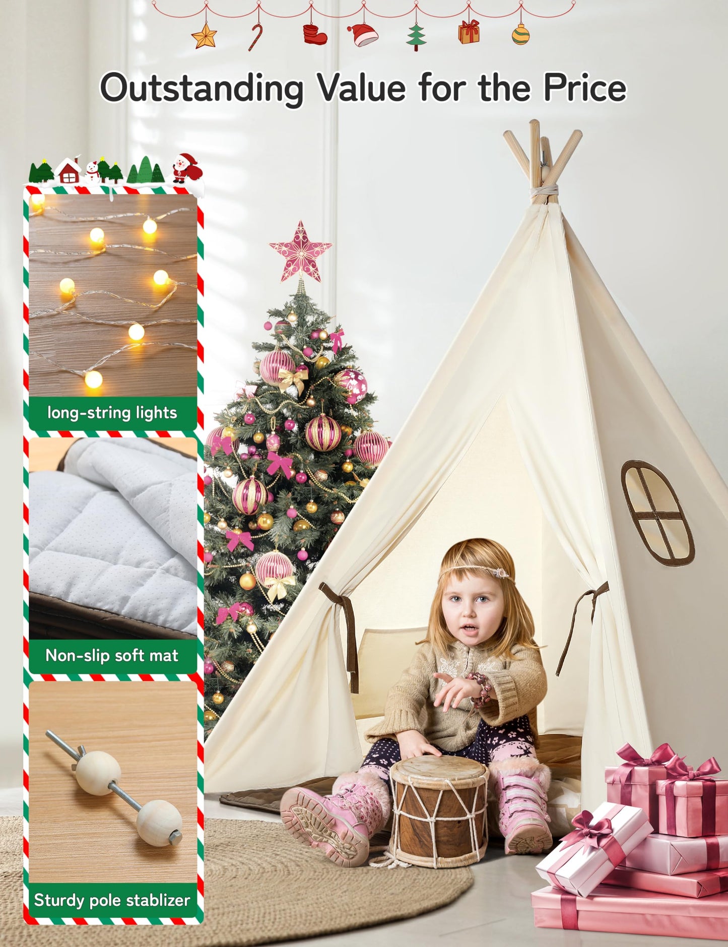 besrey Teepee Tent for Kids with Padded Mat&Light, Kids Tents Indoor Playhouse, Large Kids Tipi Tent, Play Tent for Toddler Boys Girls, Foldable Portable Toddler Reading Tent
