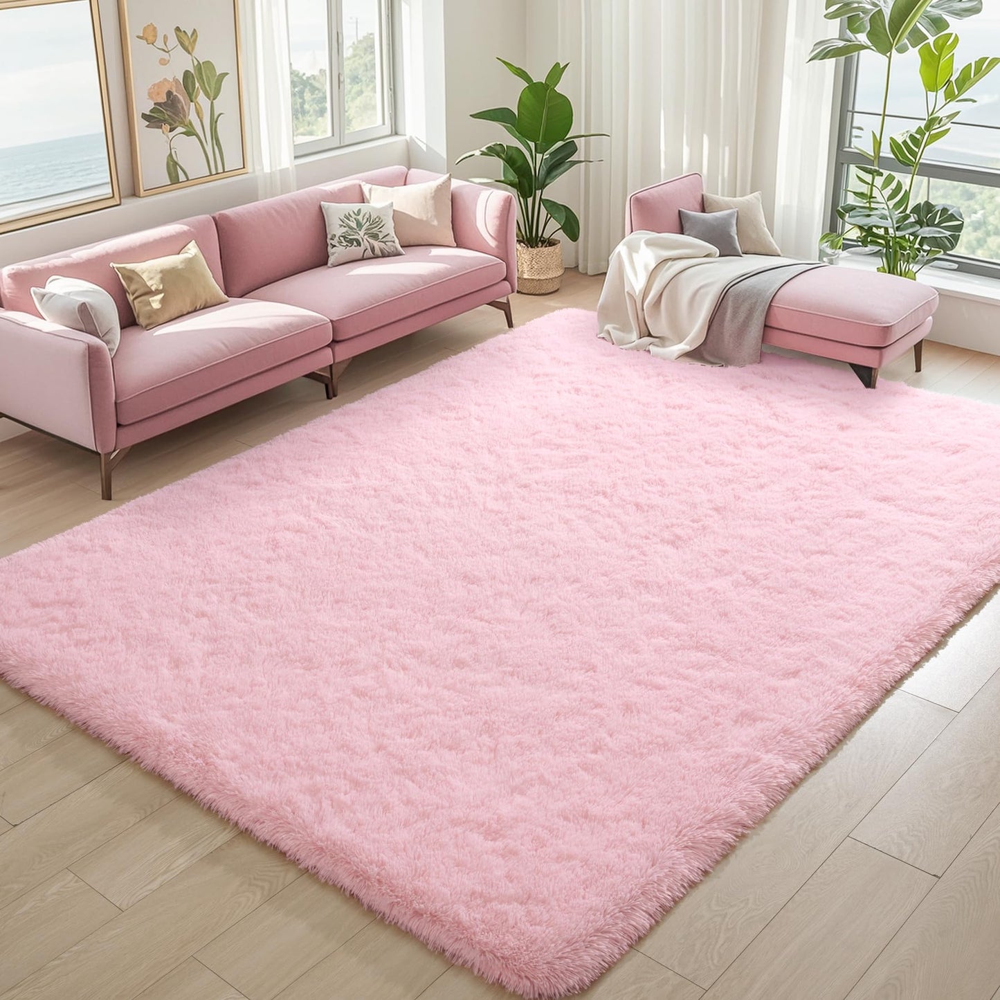 Keeko Extra Soft Area Rugs for Living Room Bedrooms, 5x7 Pink Fluffy Washable Bedroom Large Area Rug Cute Faux Fur Rug High Pile Carpet Indoor Rug for Girls Kids Nursery Baby Room Decor