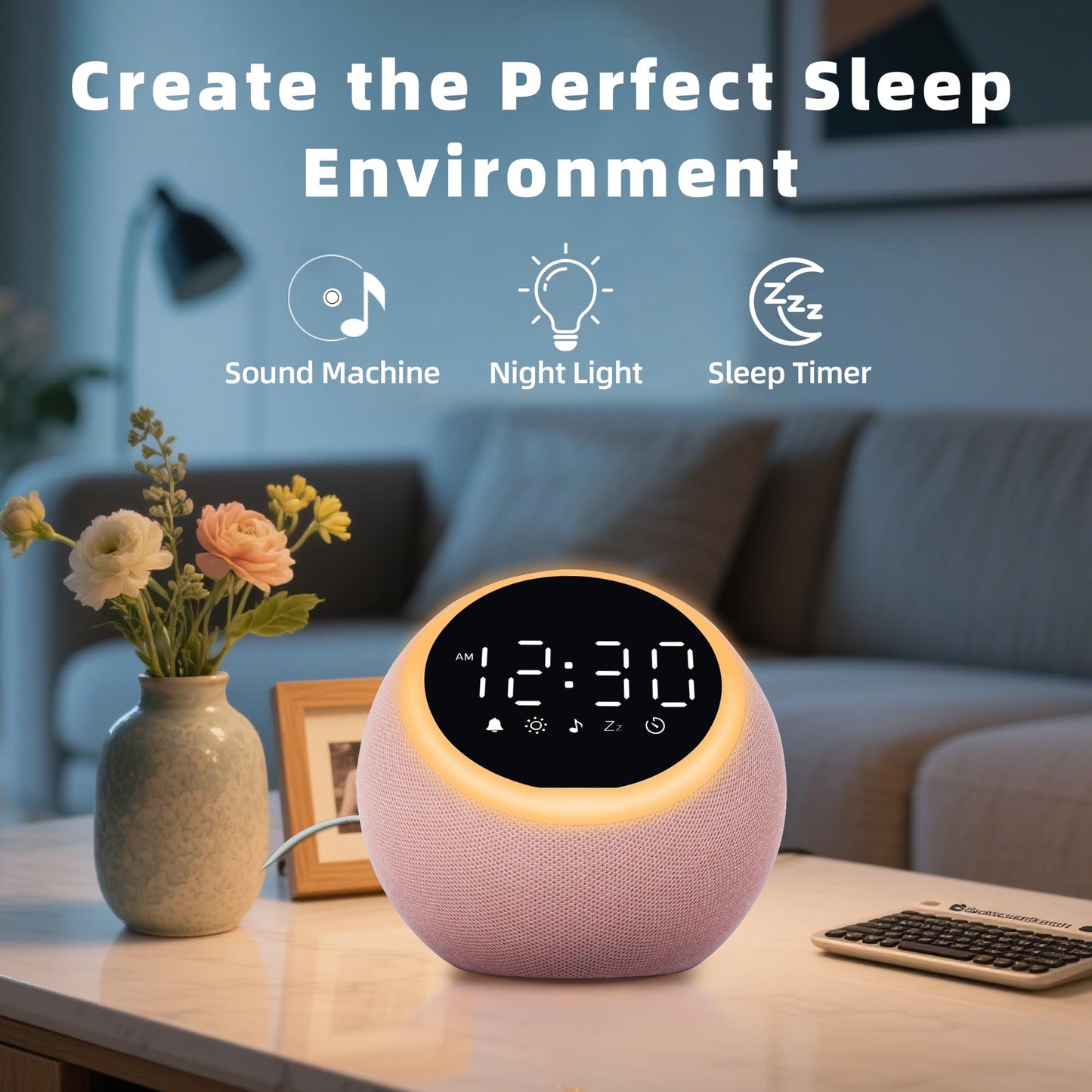 Mee 2ou Smart Alarm Clock for Bedrooms, Digital Alarm Clock with White Noise Machine, 25 Sounds, Snooze, Sleep Timer, Adjustable Volume for Kids, Adults, Heavy Sleepers, Pink