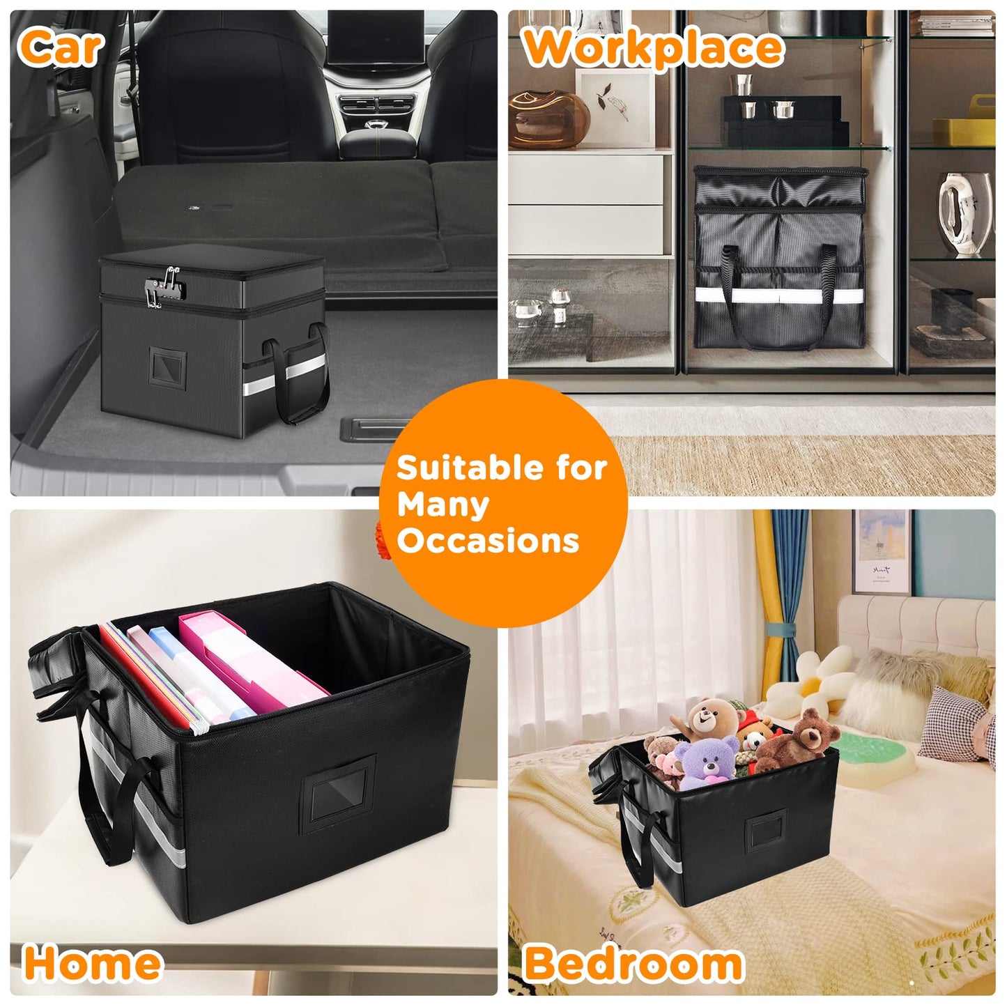 1.6 cu ft Fireproof File Box(2012℉) with Double Lock, 2 Layer Portable File Organizer Box with 5 Pockets File Folder & Handle, Collapsible Document Organizer for Hanging Letter/Legal Folder