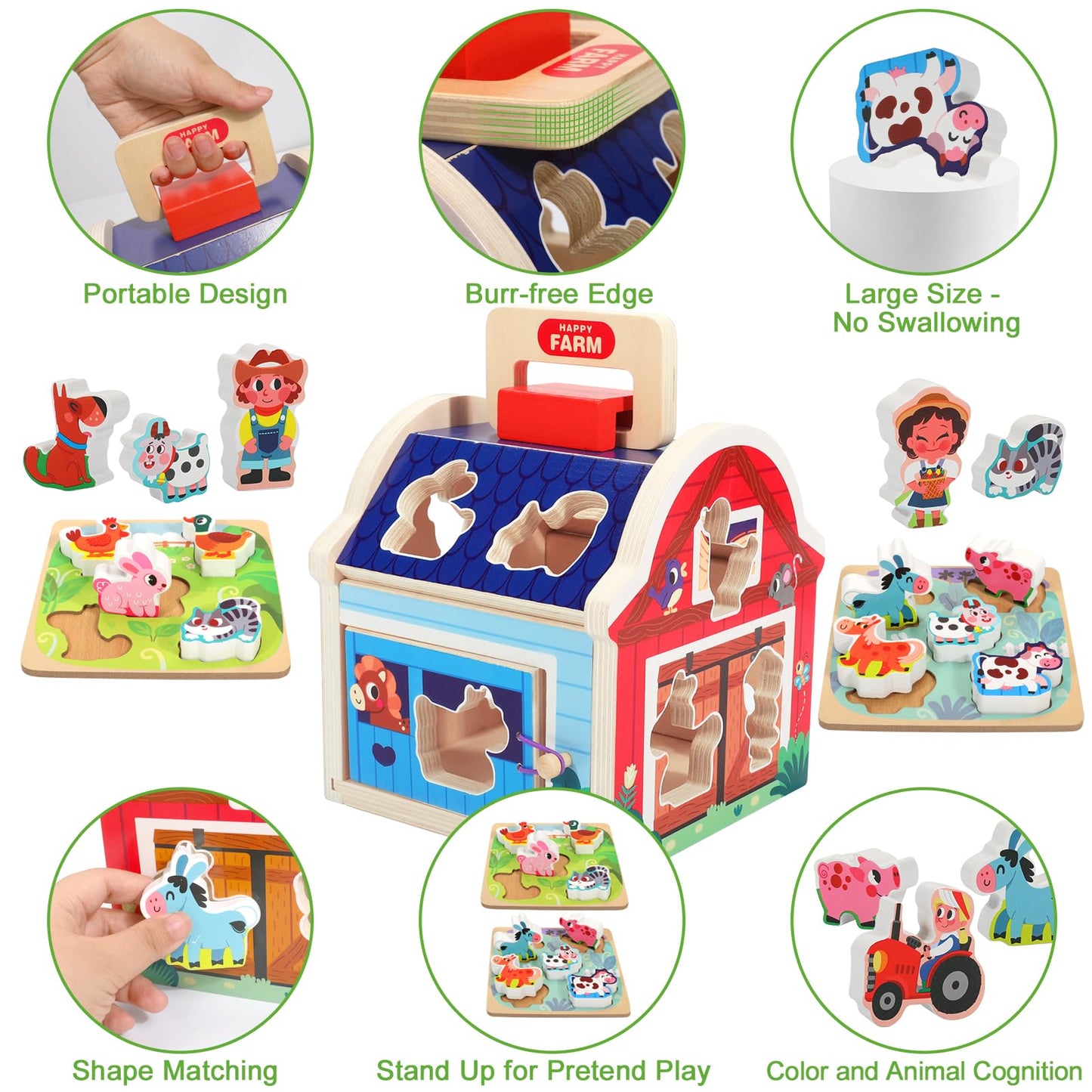 Toddler Montessori Wooden Farm Animal Toys for 1 2 3 Year Old Girls Boys, Sorting Barn Toy with Blocks Puzzles, Baby Shape Sorter Learning Toys, Christmas Birthday Gifts for Toddlers 1-3