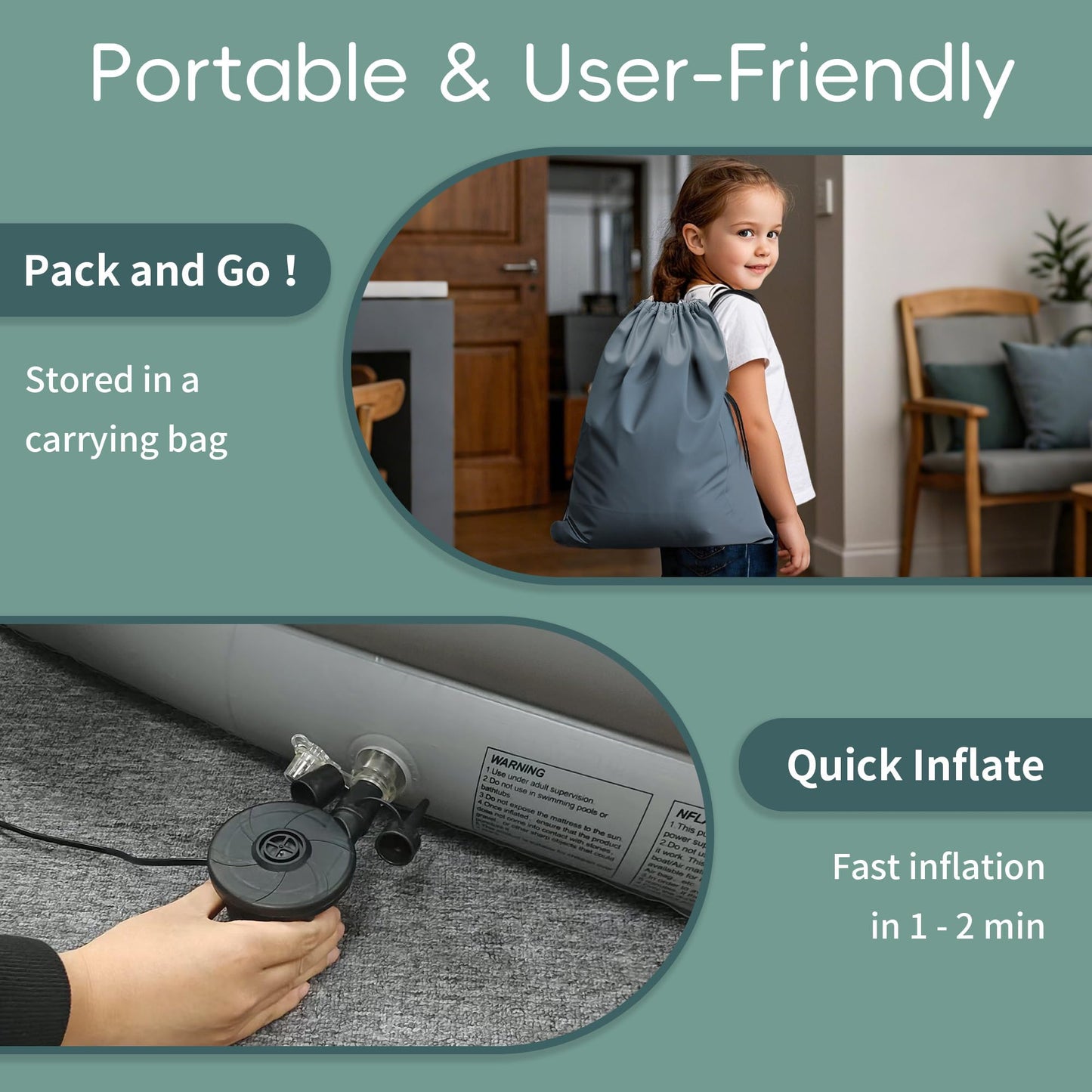 GloTika Inflatable Toddler Travel Bed, Portable Kids Air Mattress with Safety Bumpers, Ideal for Travel or Home Use, Includes Pump and Carry Bag