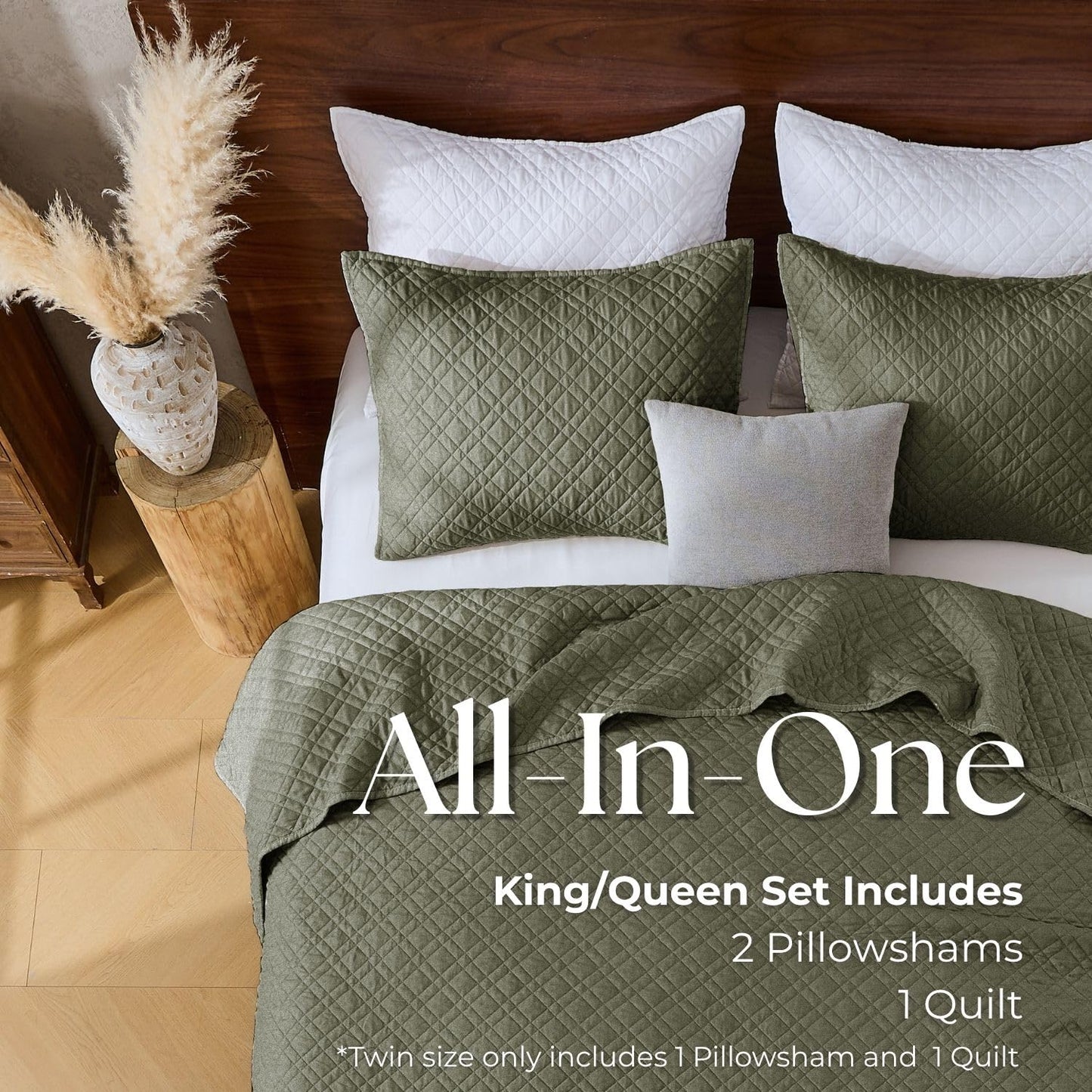 King Quilt Set with Shams Lightweight Quilted Bedspread Coverlet Thin Comforter Bed Cover Vintage Washed Quilted Blanket for All Season, Brushed Microfiber Diamond Stitching, Olive, 104"x92"