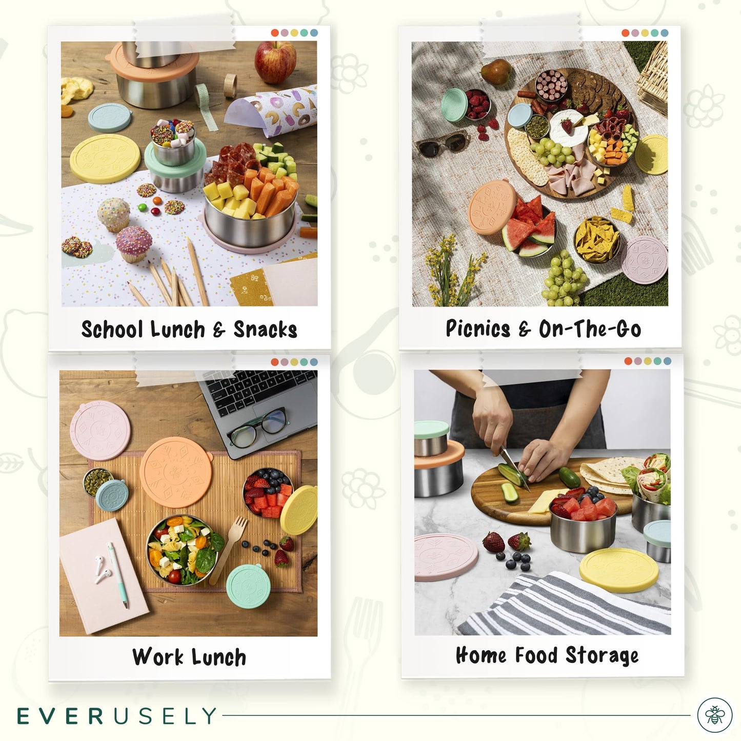 Everusely - Stainless Steel Containers with Lids - Set of 5, Bright Collection - Leakproof Stainless Steel Food Containers - Nesting Snack Holders - Metal Lunch Box - Portable & Reusable Meal Kit
