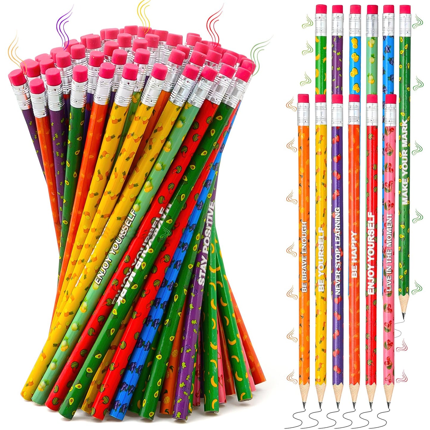 120 Pcs Wooden Pencils with Eraser Bulk, Scented Inspirational Pencils Student Colorful Fruit Pencils Cute HB Pencils Wood Graphite Pencil for Girls Kids Boys School Students Gifts Supplies