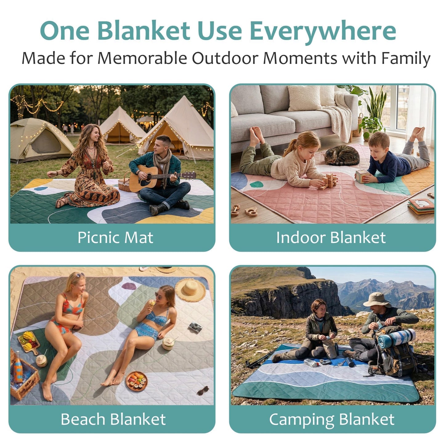 Exclusivo Mezcla Waterproof Picnic Blankets 3-Layer 60x80 Inches Large Sandproof Beach Blanket Foldable Outdoor Blanket for Camping on Grass Picnic Mat, Abstract Green