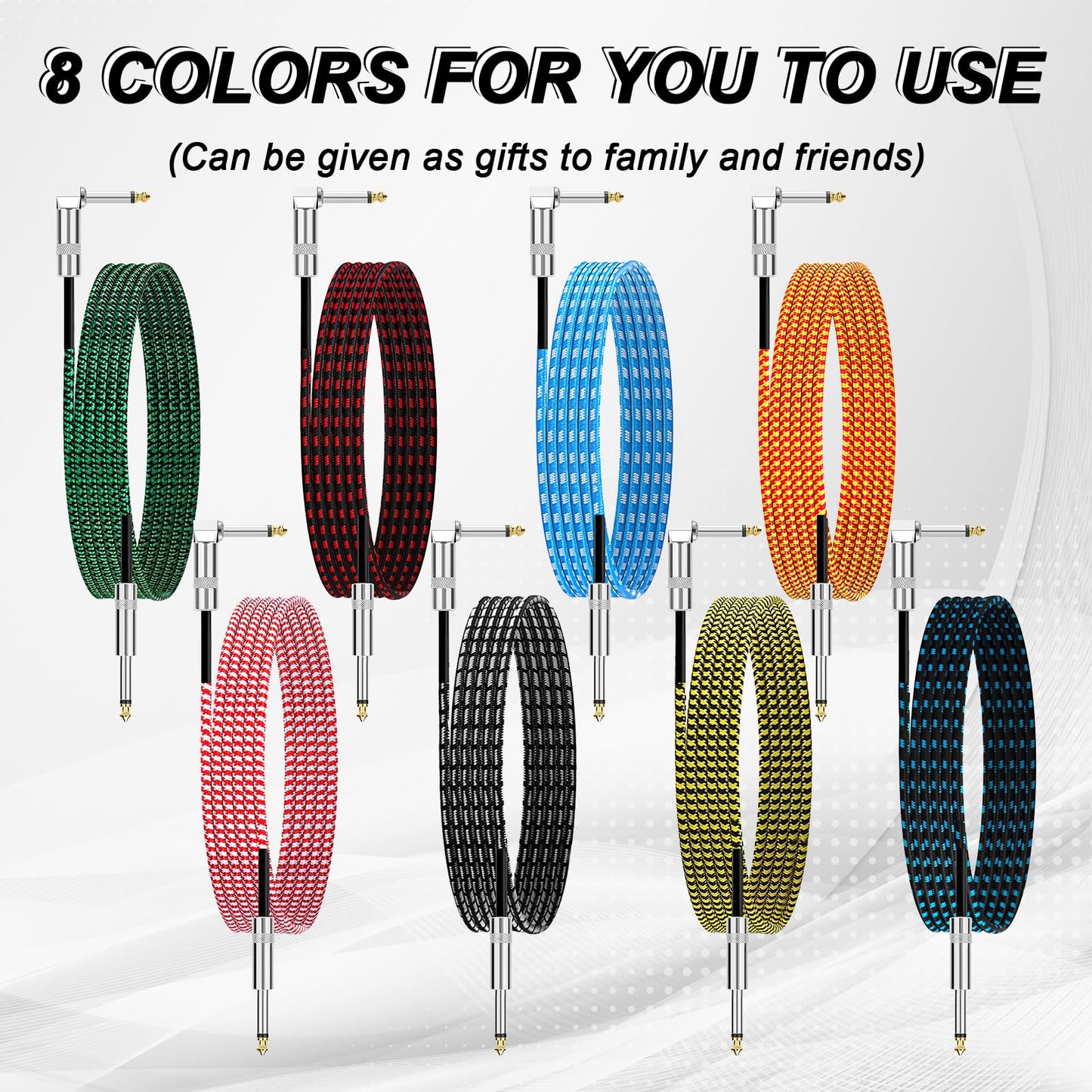 8 Pack 10Ft Guitar Cables, Instrument Cable Bass Wires, 1/4 inch Copper Wire TS Cables for Electric Guitar, Bass, Keyboard, Amp (Multicolor)