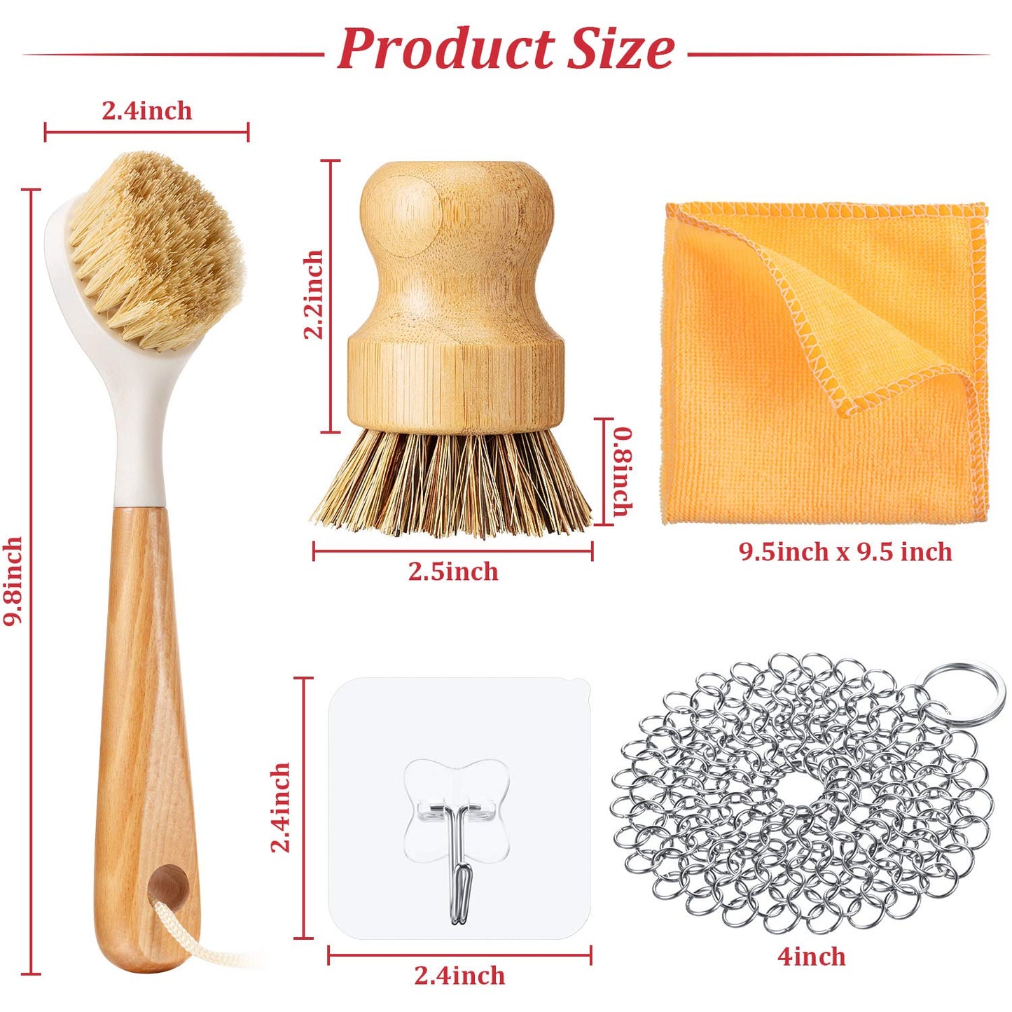 Patelai 8 Pieces Cast Iron Cleaning Kit Skillet Cleaner Set Include Stainless Steel Chainmail Scrubber Bamboo Dish Scrub Brushes Pan Grill Scrapers for Cleaning Pot Pans Skillets Kitchen(Orange)