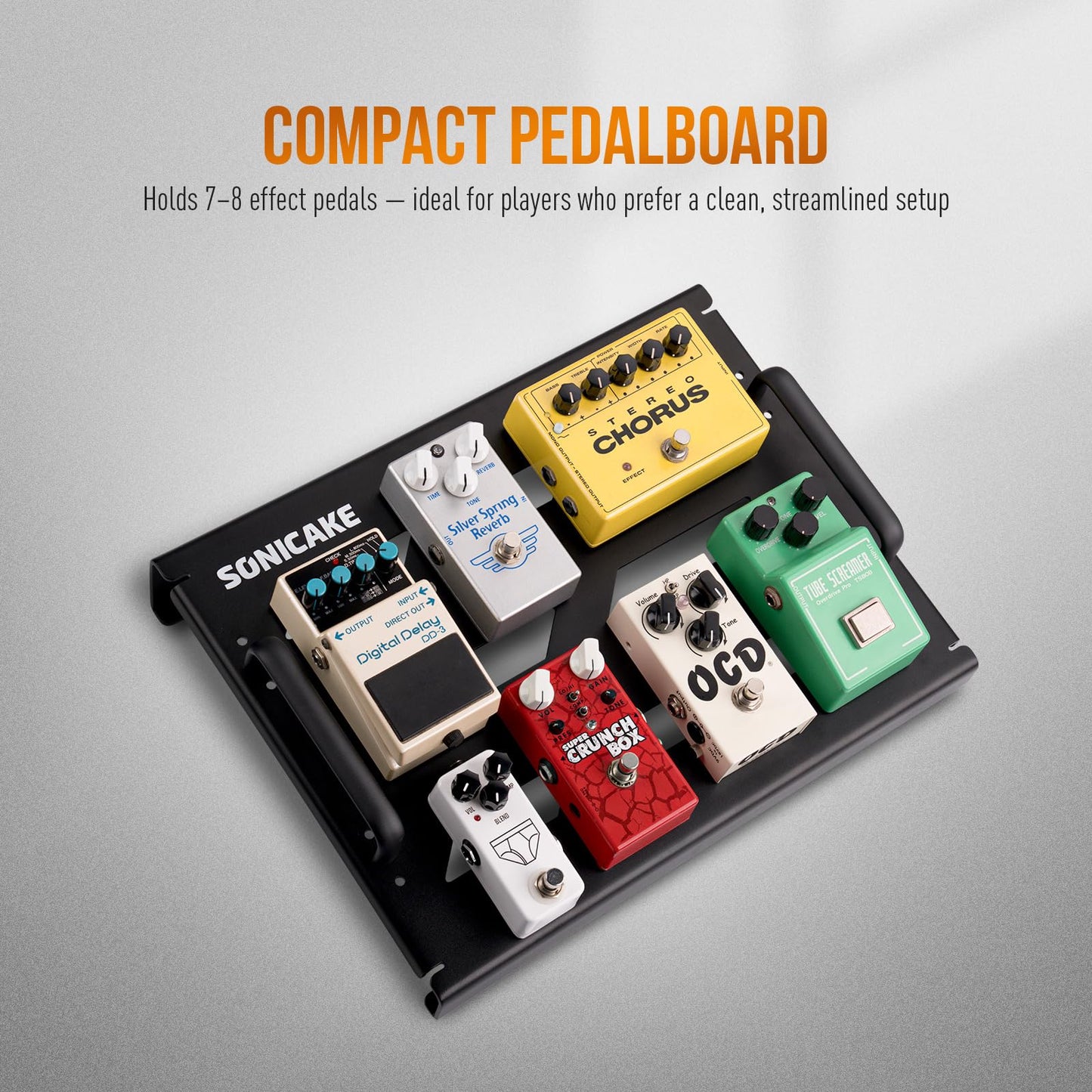 SONICAKE QPB-20 Mini Aluminium Guitar Pedalboard Pedal Board for Guitar Effects 38 x 29 x 6.5 cm with Pedals Ribbon and Black Ties