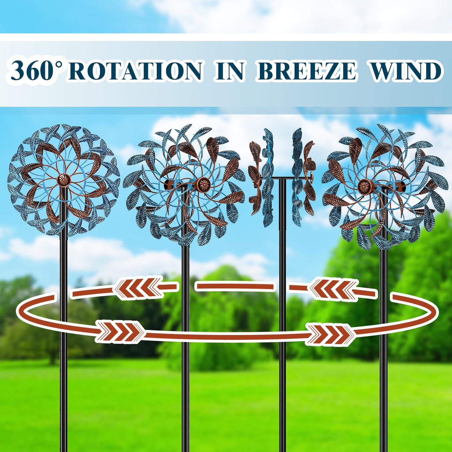 360° Wind Spinners Outdoor, Wind Sculptures Windmill with Metal Stake, Kinetic Large Metal Yard Art Decor Spinners Pinwheels for Garden Outside Patio Lawn, 63.2 * 13.2" (Blue+Brown)