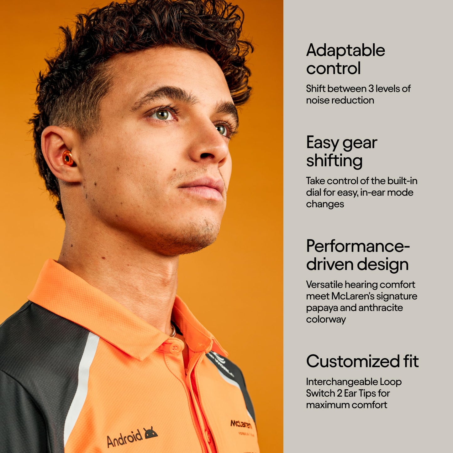 McLaren Formula 1 Team x Loop Switch 2 Adjustable Earplugs – 3 Modes For Ultimate Control | Flexible Noise Reduction For Focus, Motorsports, Travel & More | 20-26 dB (SNR) Noise Reduction