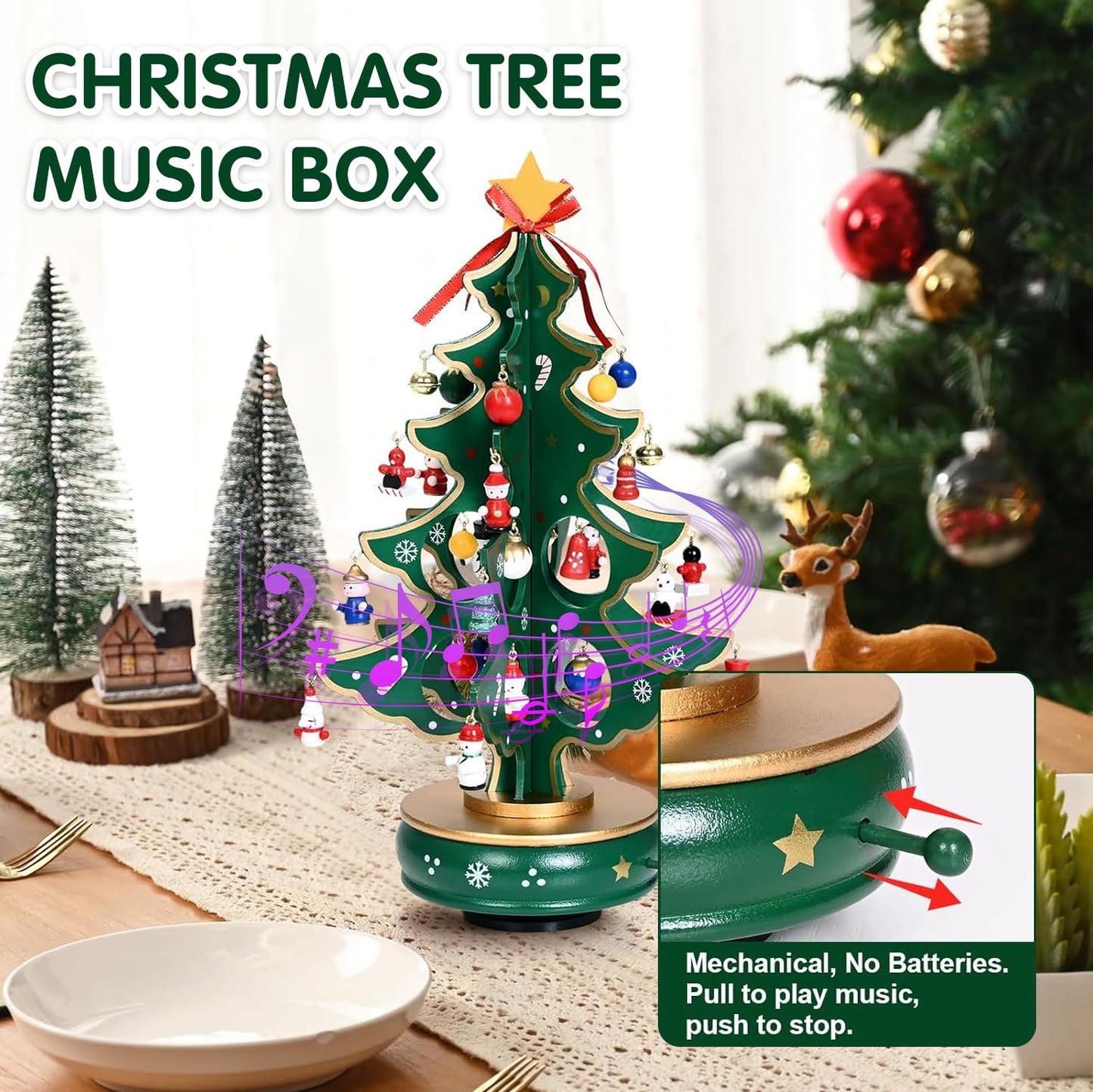 Christmas 24 Days Countdown Advent Calendar 2025, Musical Wooden Christmas Tree with Classic Music Box and 24 Pcs Snowman Santa Ornaments, Christmas Gifts