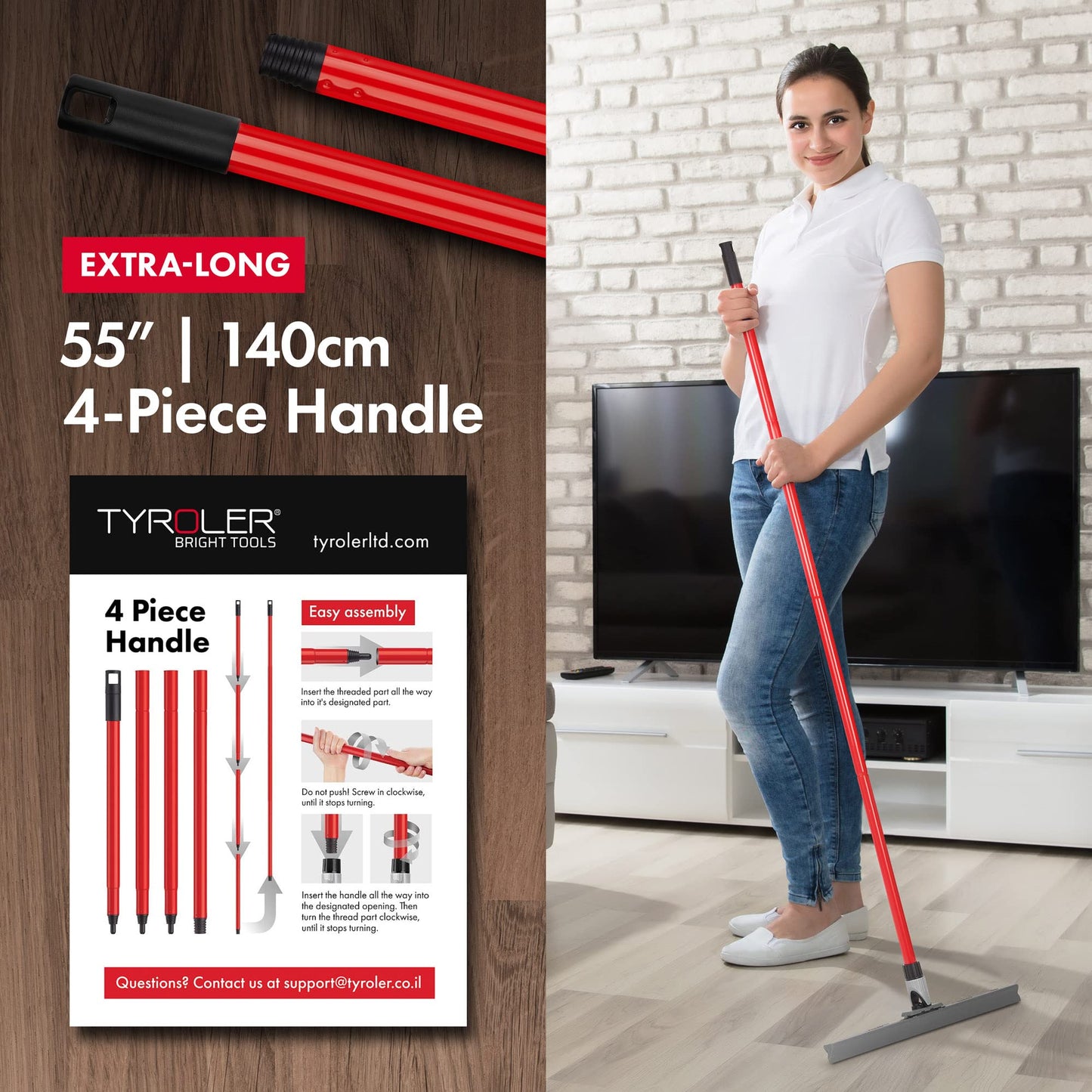Tyroler Floor Squeegee Heavy Duty, Solid 100% Silicone Squeegee Broom New Aluminum Anti-Rust 4 Part Handle, Adjustable Knuckle Joint, Squeegee Floor for Washing, Drying, Bathroom, Wet Room (45 cm)