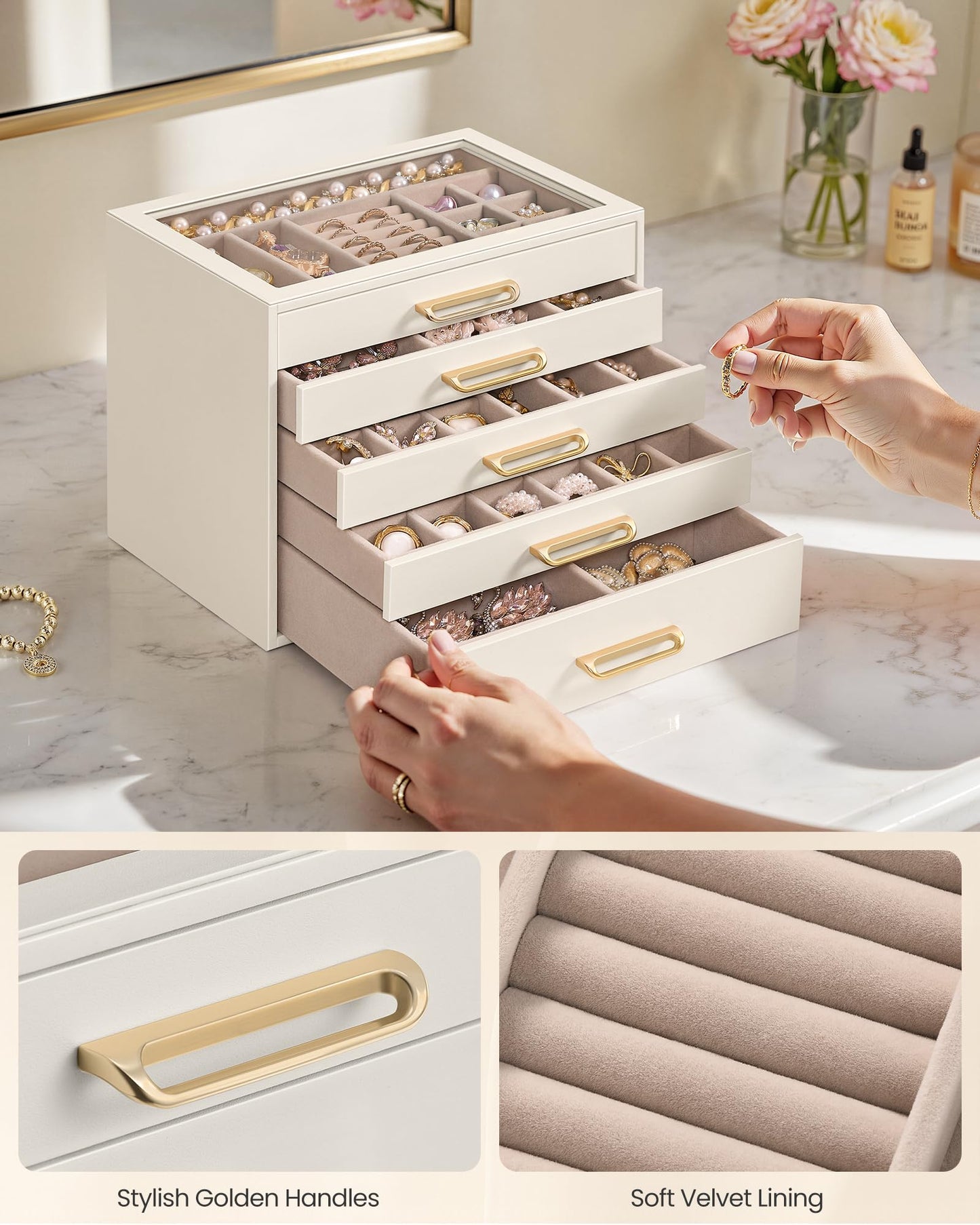 SONGMICS 5-Layer Jewelry Box with Glass Window, Jewelry Storage Organizer with 5 Drawers, Golden Handles, for Rings, Earrings, Bracelets, Gift Idea, Cream White, 6.8 x 9.4 x 7.2 Inches UJBC205WD01S
