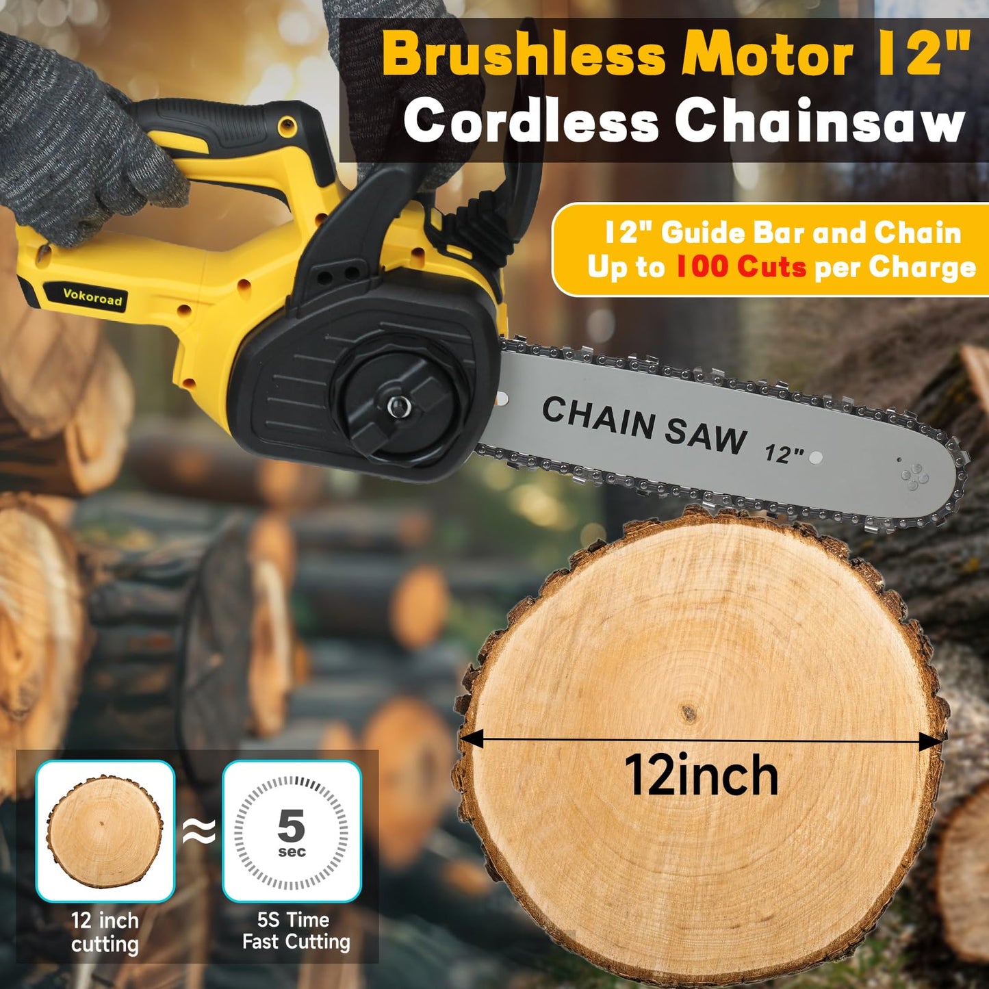 Cordless 12" Brushless Chainsaw for Dewalt 20V MAX Battery, 12 Inch High-Efficiency Electric Chainsaw with Security Lock & Auto Lubrication, for Wood Cutting Trimming Courtyard Garden(Tool Only)