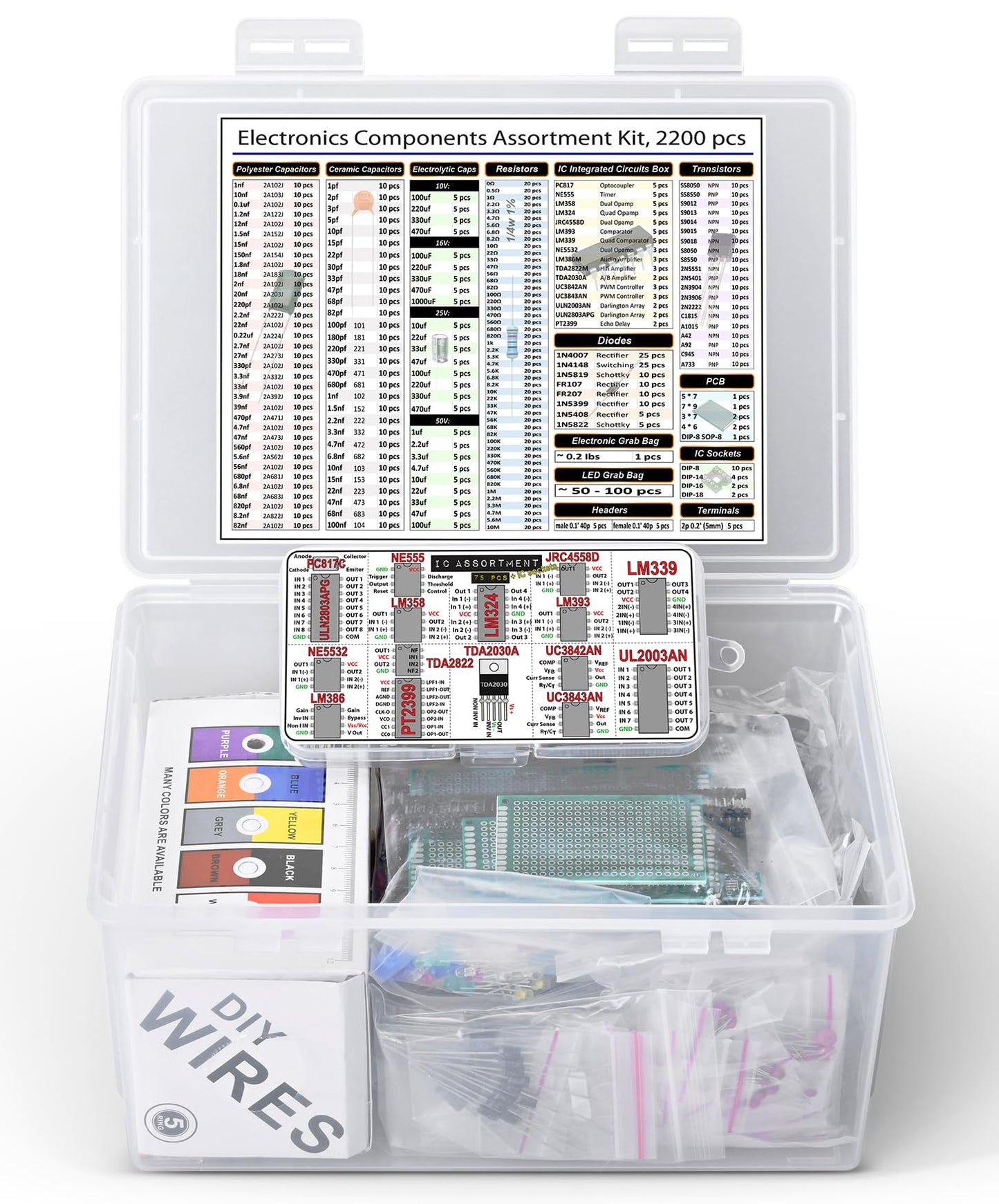 Interstellar Electronics Components Assortment Kit, Grab Bag, IC, Opamp,Resistors, Polyester Capacitors, LED, PCB, Diodes, Transistors, 2000 pcs