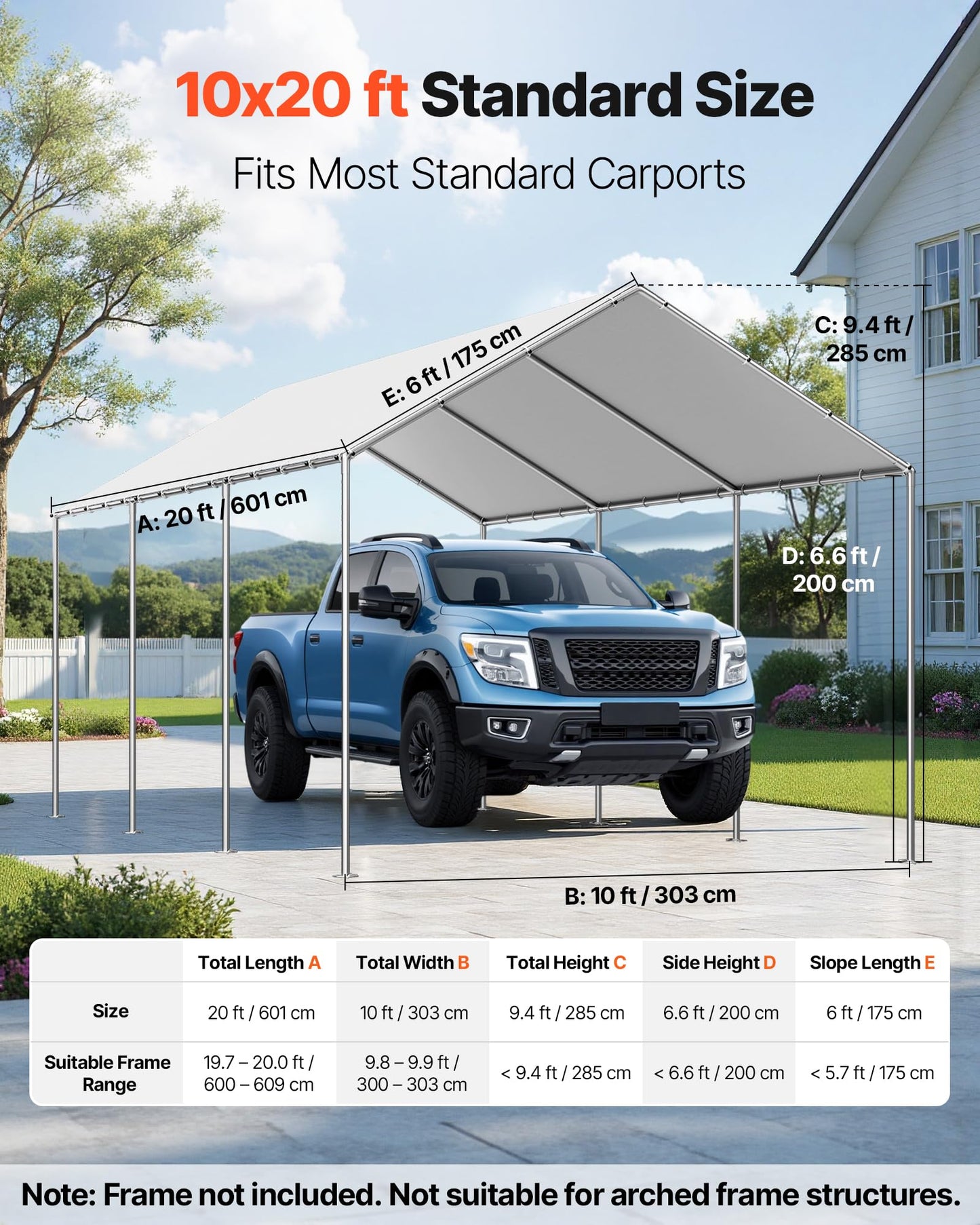 VEVOR Carport Replacement Canopy, 10 x 20 ft Potable Garage Tent Top Tarp, UV-Resistant & Waterproof Car Shelter Tarp, Heavy Duty Car Port Cover with Ball Buggees, Grey, Frame Not Included