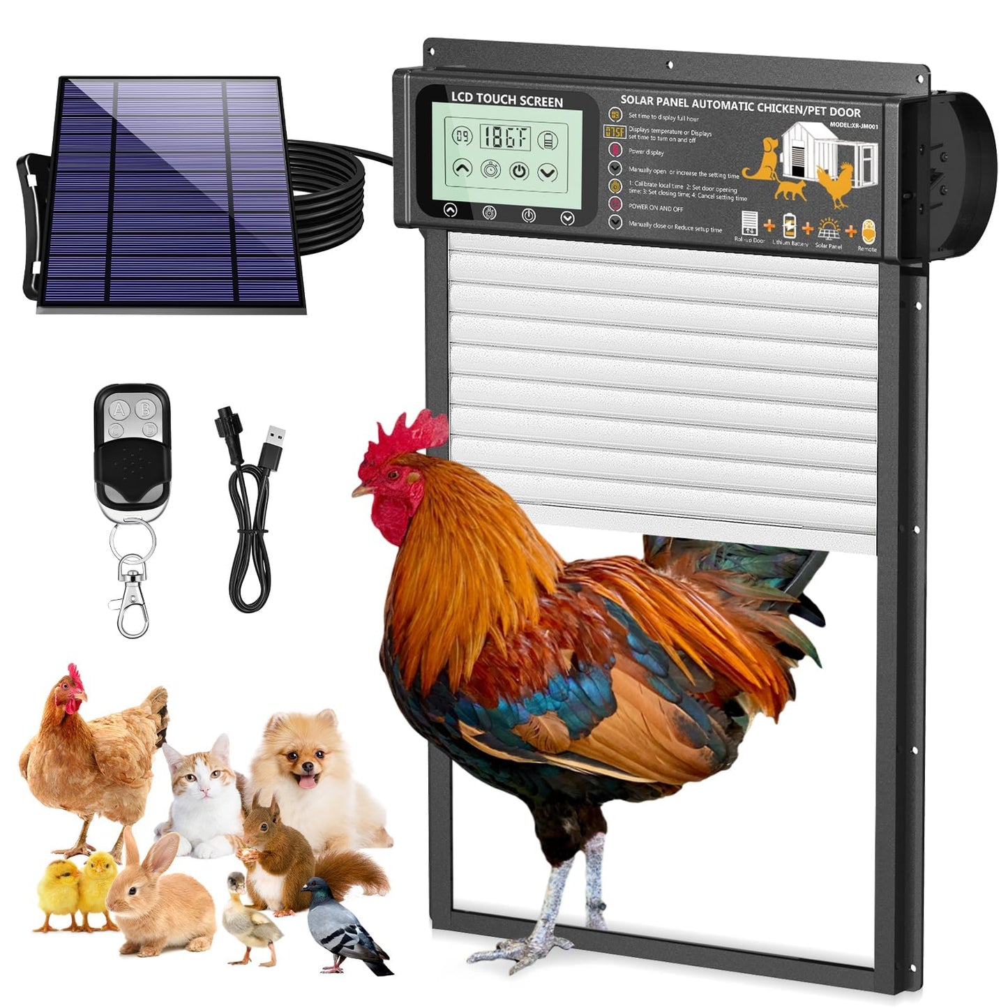 Automatic Chicken Coop Door with Solar Power, LCD Display, Timer, Light Sensor, Remote Control, 6000mAh Battery, 4 Operating Modes