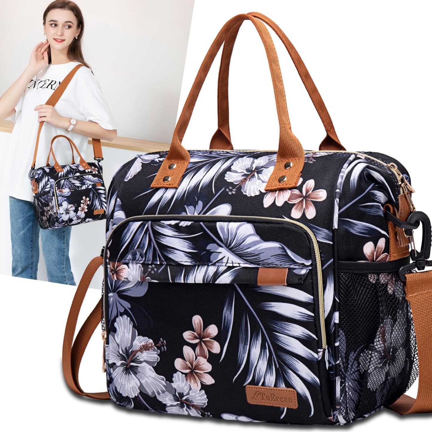 TuErcao Lunch Bags for Women - Boite a Lunch Femme Reusable Adult Sac a Lunch for Work, Hibiscus