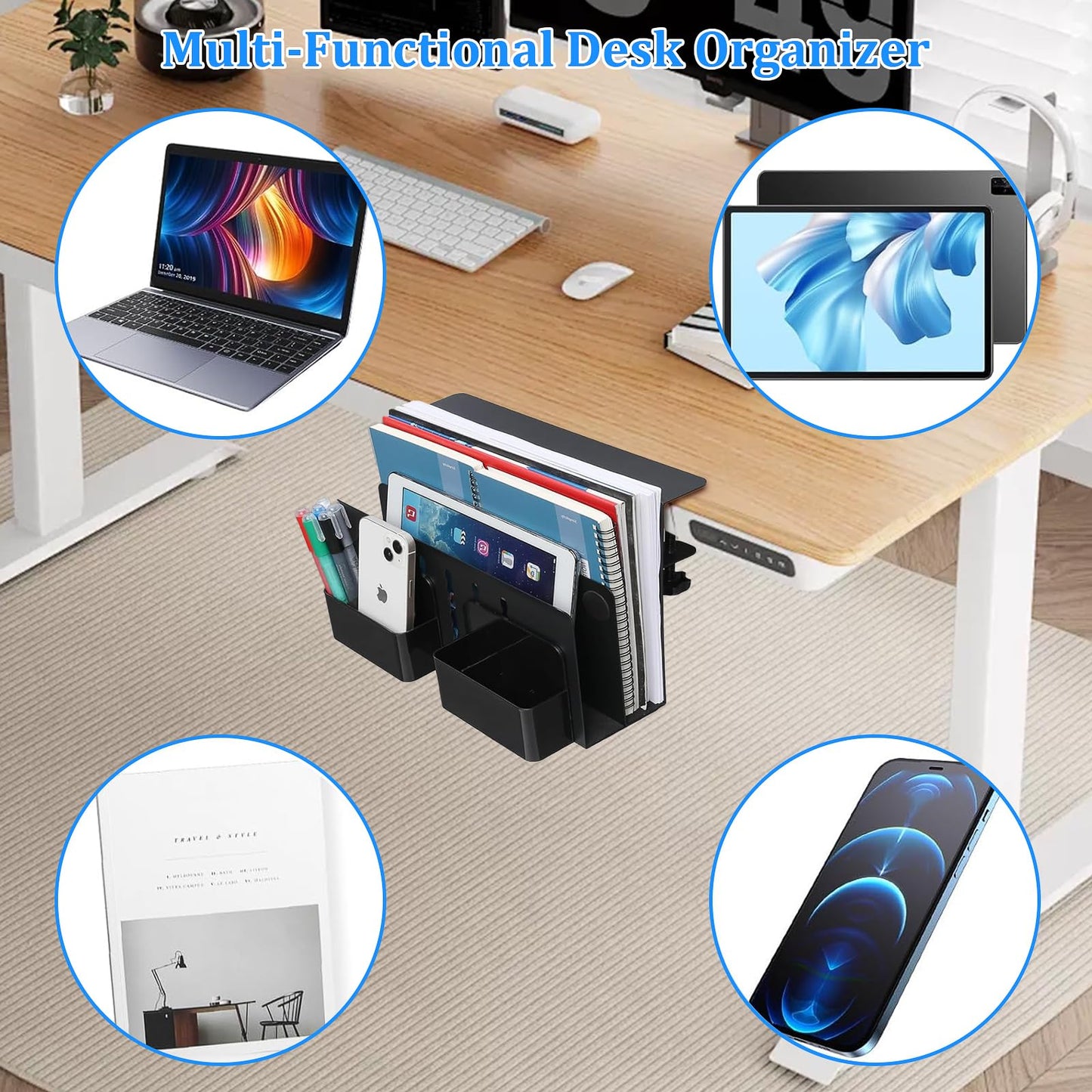 Desk Side Storage, Under Desk Laptop Mount, Table Side Hanging File Organizer Laptop Holder, No Drill Clamp On Cable Management Tray with 2 Magnetic Pen Holder for Office and Home, Load 22 Lbs