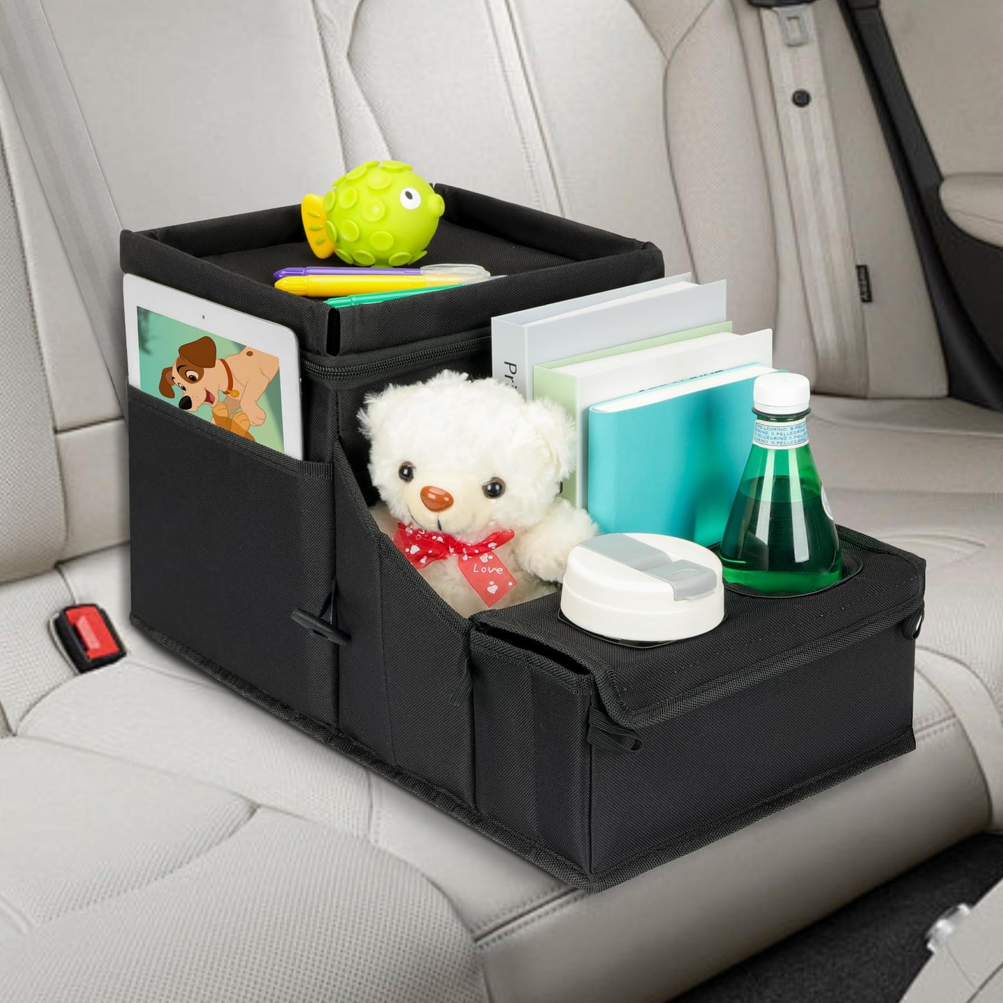 COOLBEBE Car Seat Organizer with Insulation Layer, Backseat Car Cooler Organizer with Cup Holders, Foldable Passenger Seat Organizer for road trip, Storage Box for Front or Middle Seat (Black)