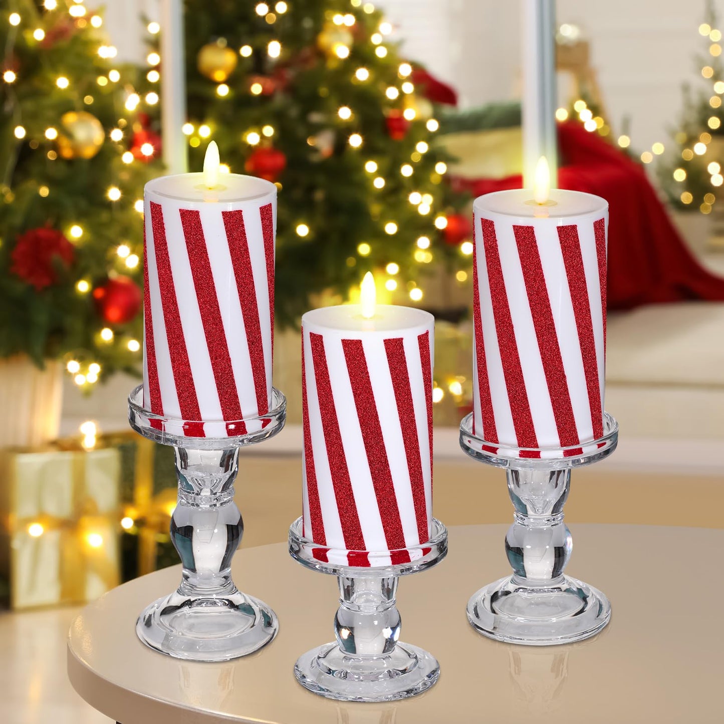 Baquler 3 Pcs Christmas Flameless Candles Candy Cane LED Pillar Candle Peppermint Glitter Stripe Red and White Battery Operated Candlestick for Xmas Party Holiday Table Centerpiece Home Decoration