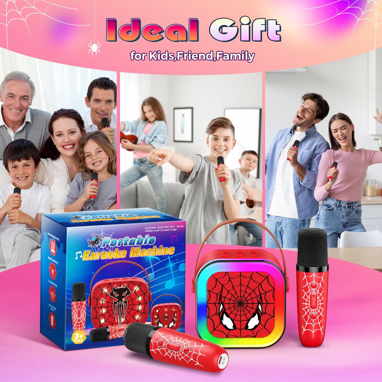 Spider Mini Karaoke Machine Kids, vicia Toys for 3 4 5 6 7 8 Year Old Boys Bluetooth Speaker with 2 Karaoke Microphone Christmas Birthday Gifts for 3-5 6-8 8-12 Year Old Boys Girls Adult