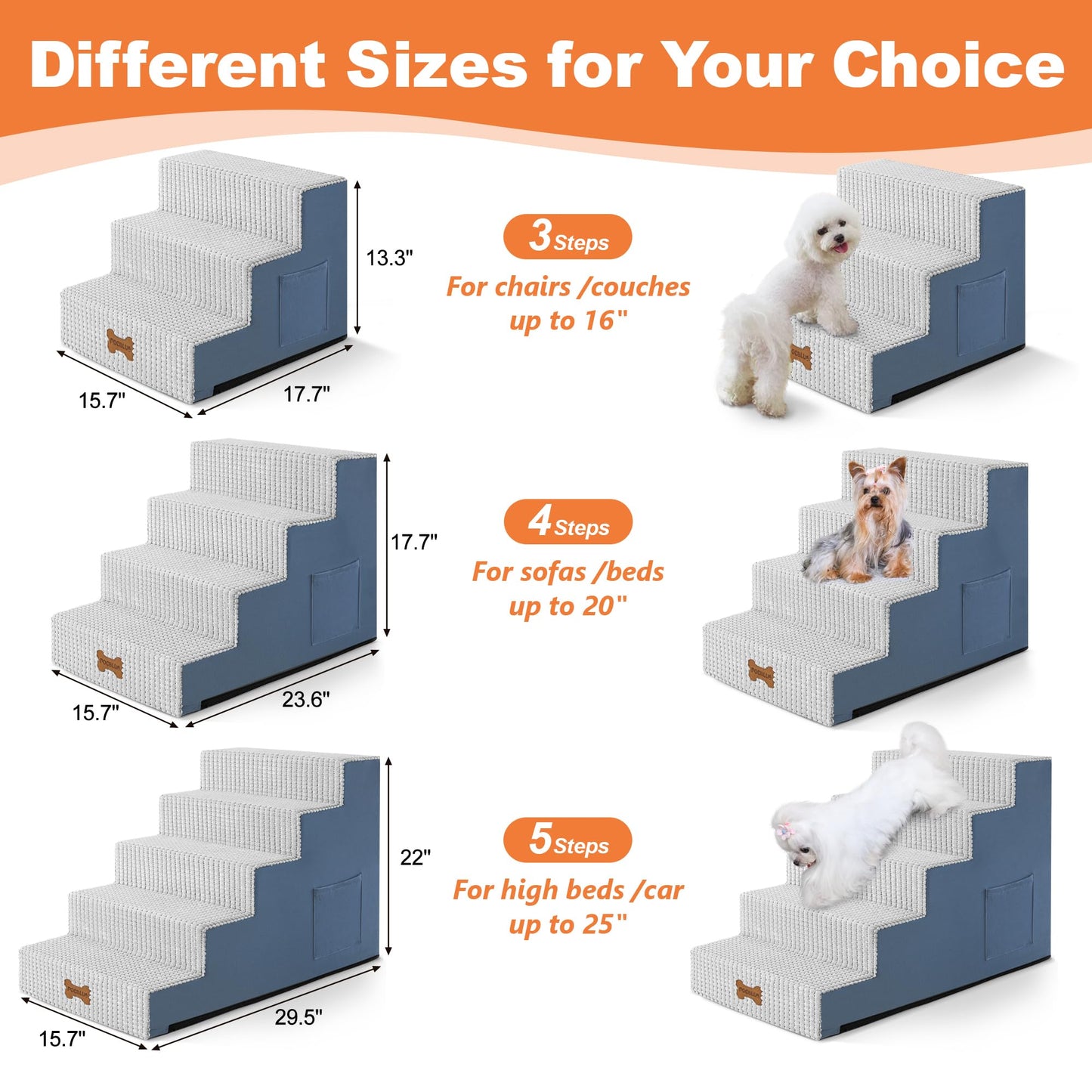 POCBLUE Dog Stairs for Small Dogs and Cats 17.7" H, 4-Step Pet Step for High Bed or Couch, Non-Slip Balanced Pet Ramp Indoor with High-Density Foam and Washable Cover, Grey