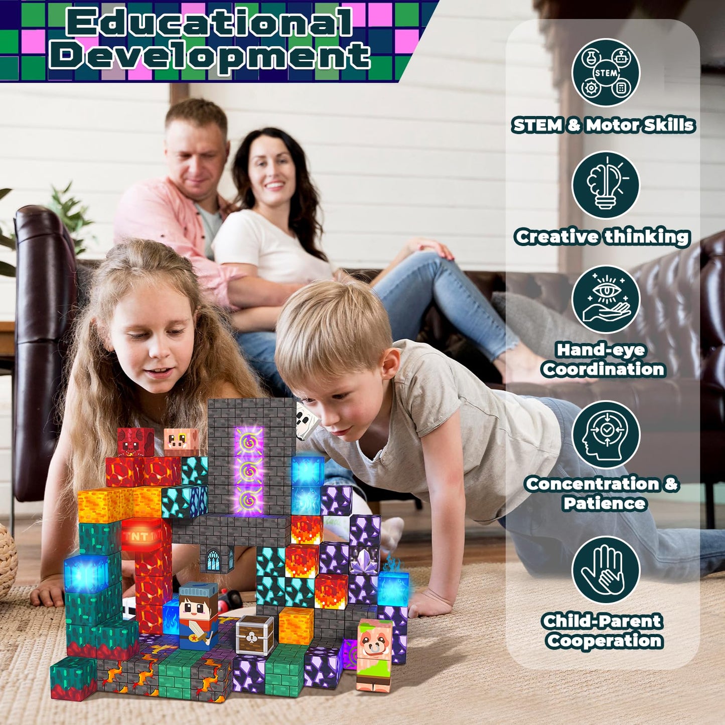 Light Up Magnetic Blocks 150 Pieces, Cute Fun Glowing Magnetic Building Blocks Sensory Learing STEM Toys for Kids Aged 3 4 5 6 7 8 9 Year Old Boys Girls Gift