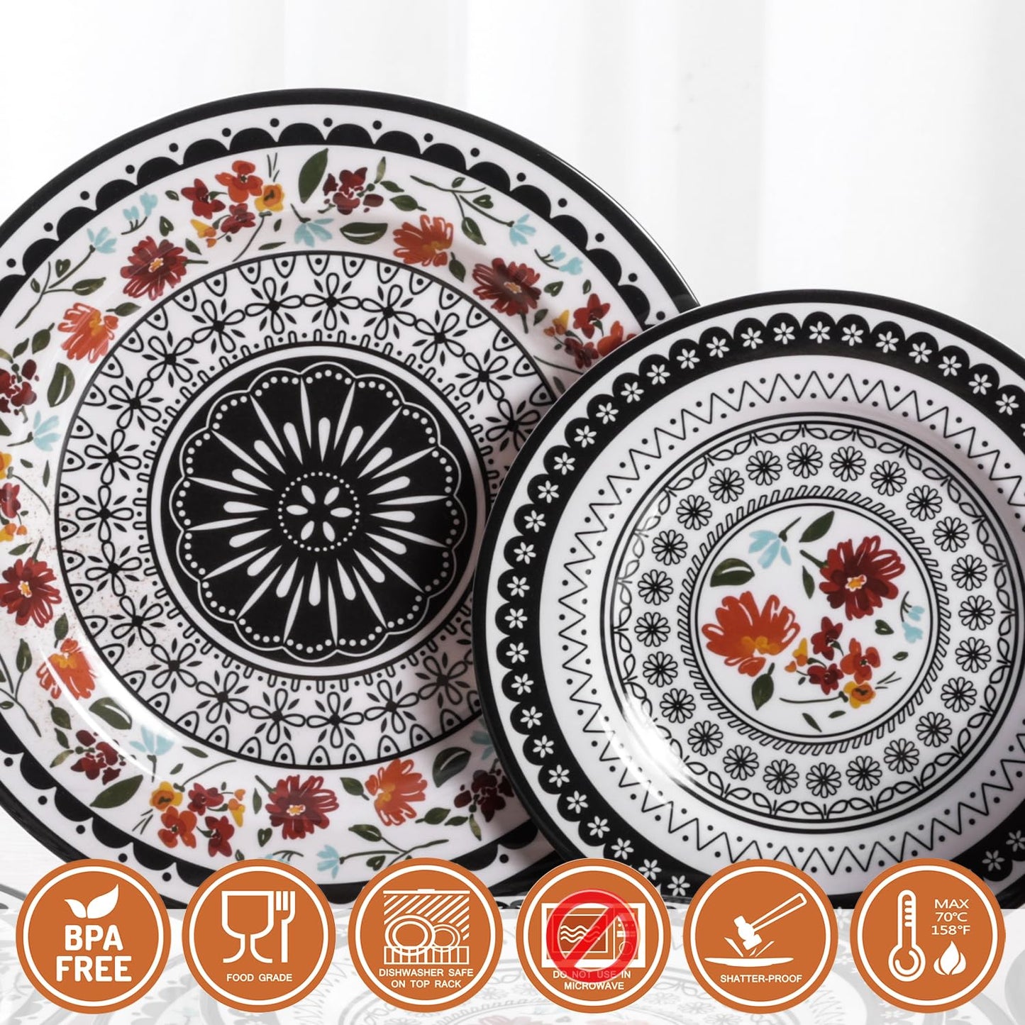 Gofunfun 12-Piece Melamine Dinnerware Sets,Unbreakable Dinnerware for Indoor and Outdoor Use, Dishwasher Safe, Lightweight Dinner Service for 4, Black and White, Retro Flower, ZS-DM011