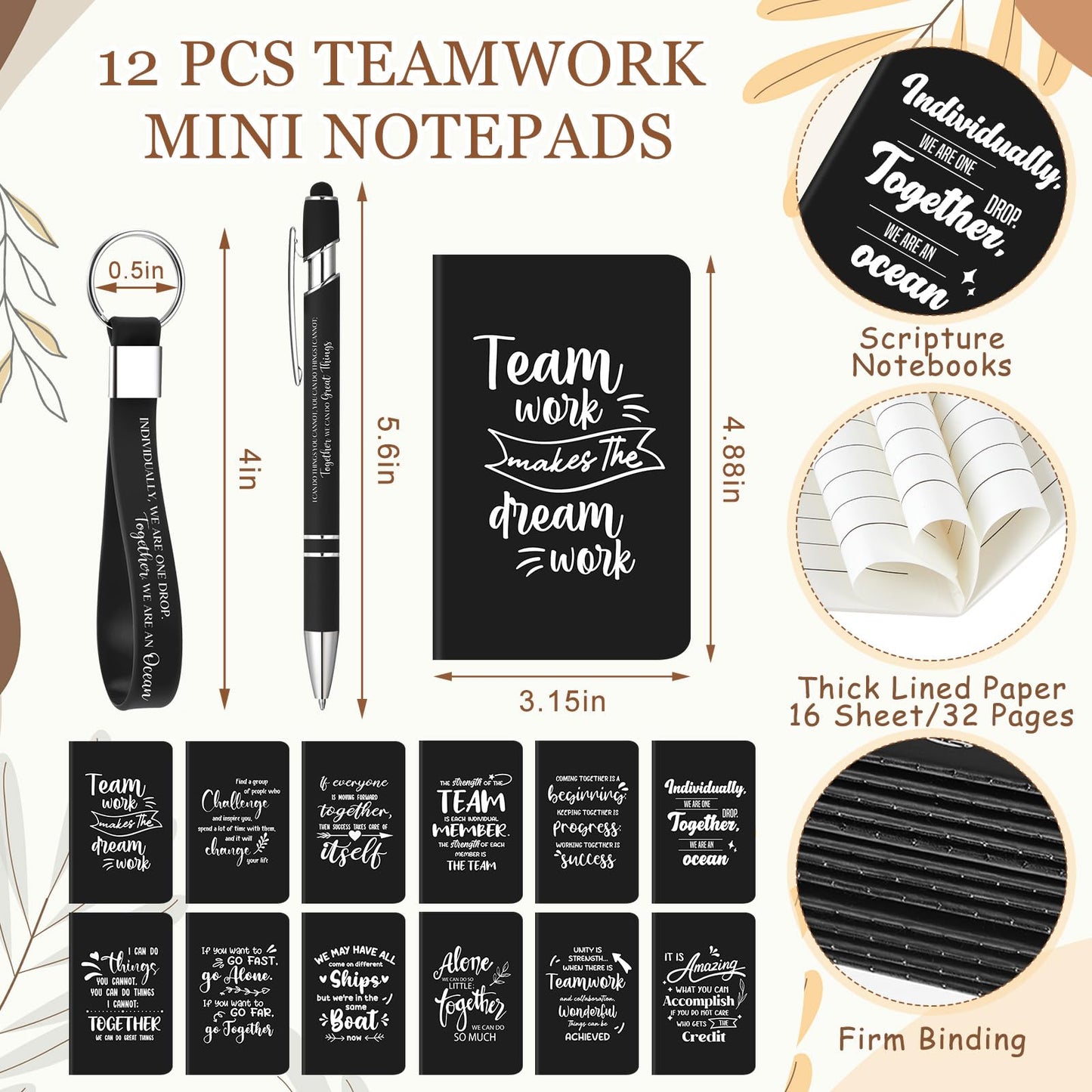 Hollowfly 48 Pcs Team Appreciation Gifts for Employee 24 oz Inspirational Plastic Cups Bulk with Lid and Straw Notebooks Ballpoint Pens Keychain Set Thanksgiving Christmas Gifts (Black)