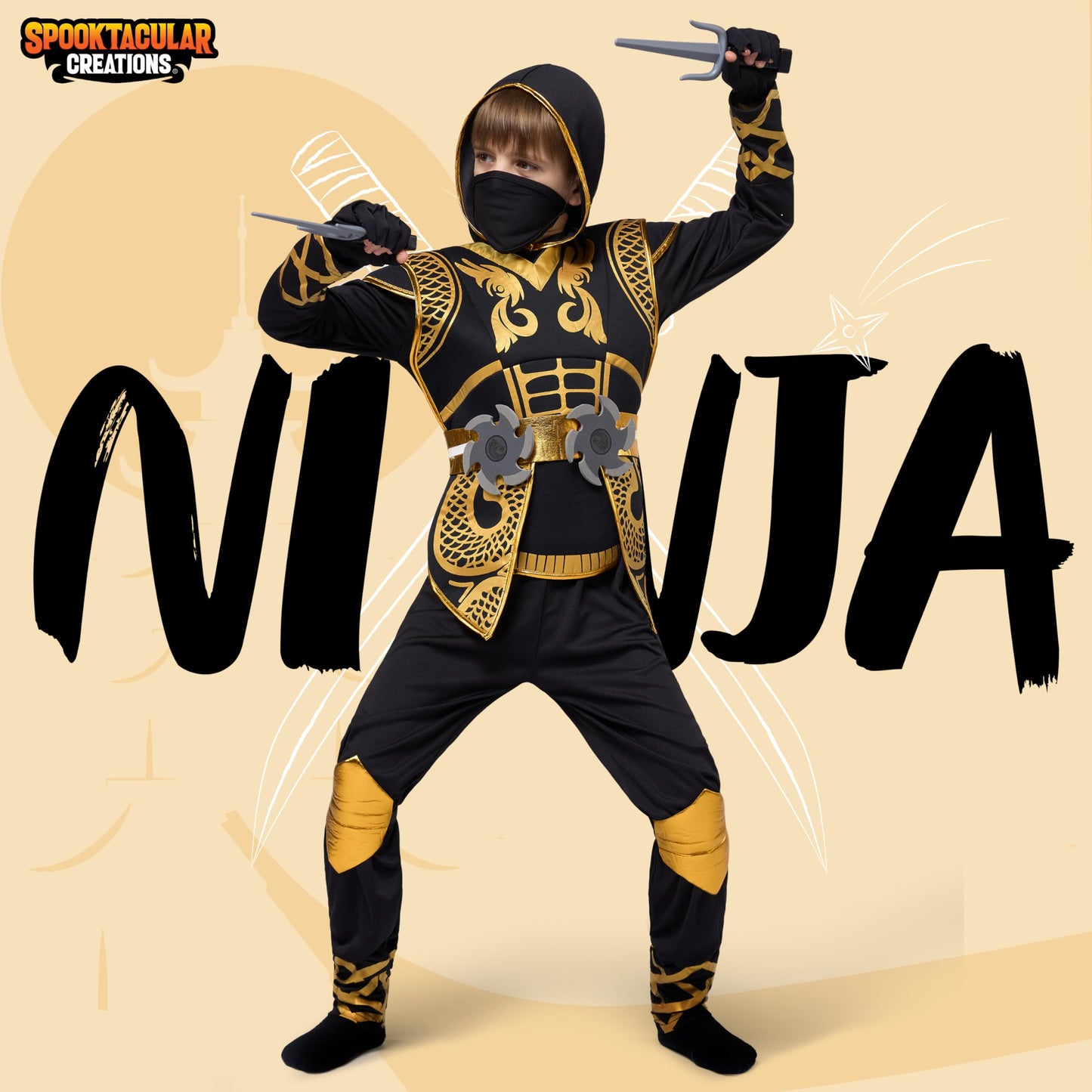 Spooktacular Creations Kids Golden Ninja costume for Boys Halloween Dress Up-S