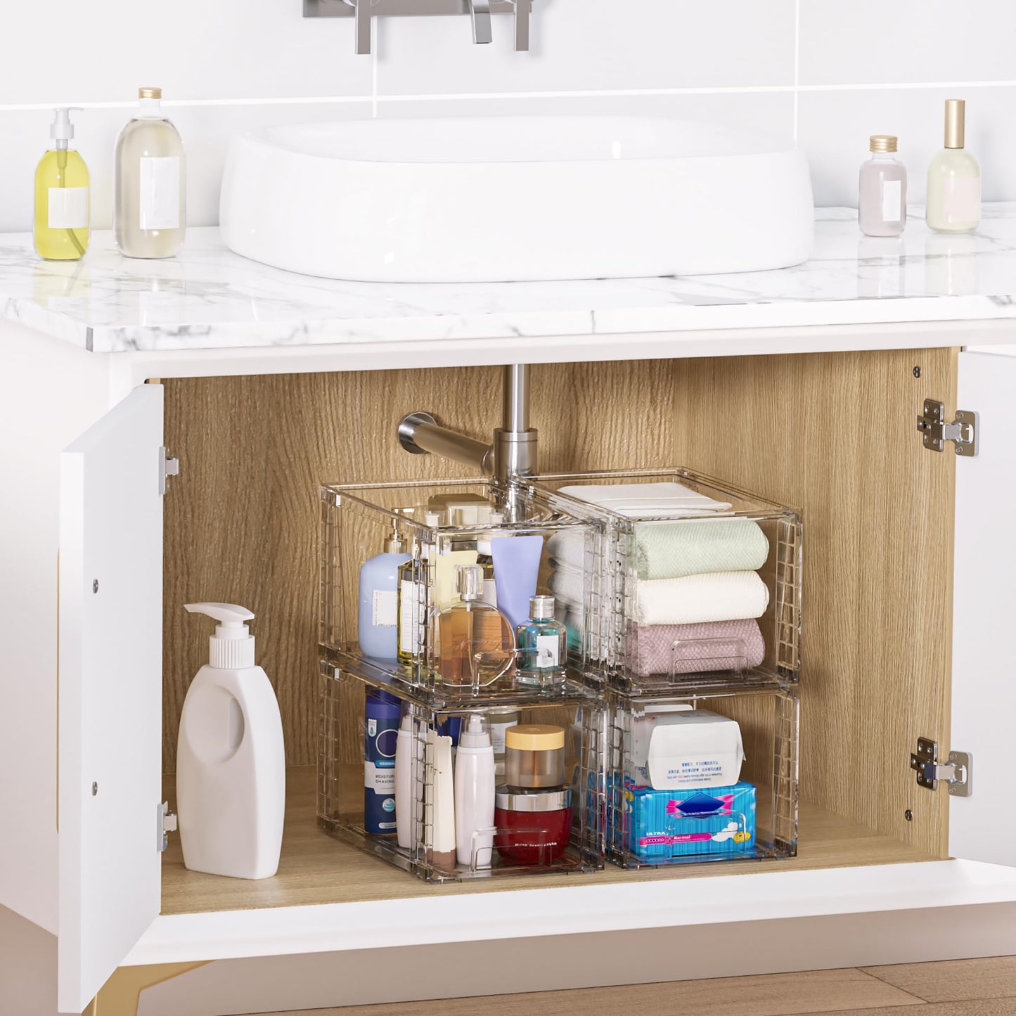 Vtopmart 4 Pack Large Stackable Storage Drawers,Clear Acrylic Drawer Organizers with Handles, Easily Assemble for Bathroom,Kitchen Undersink,Cabinet,Closet,Makeup,Pantry Organization and Storage