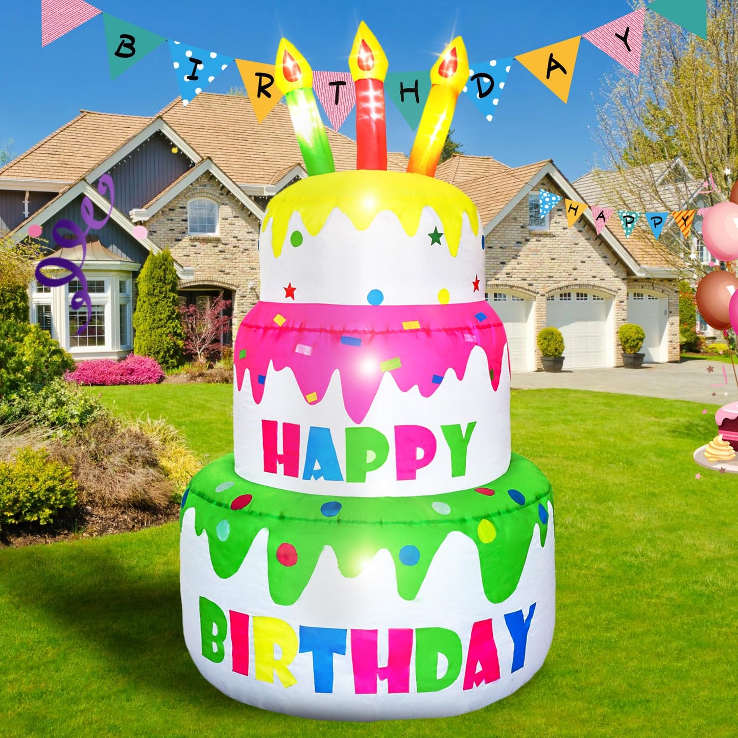 DearSun 4FT H Inflatable Happy Birthday Cake, Blow up Birthday Cake with Lighted Candles 6 LED Lights Inside for Outdoor Indoor Home Celebration Birthday Party