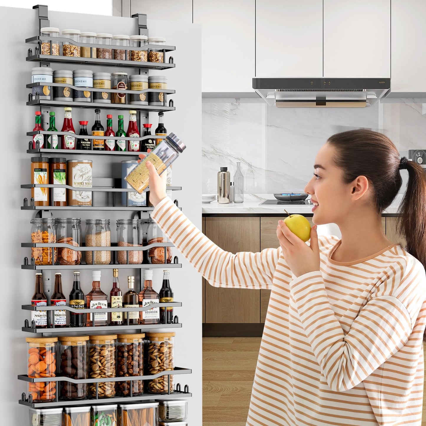 MSERCUOR 9-Tier Over The Door Pantry Organizer Rack,Adjustable Metal Basket Spice Rack Seasoning Shelves, Hanging Spice Rack for Pantry Door, Kitchen Laundry Fit Wider Door (9 Tier Black)
