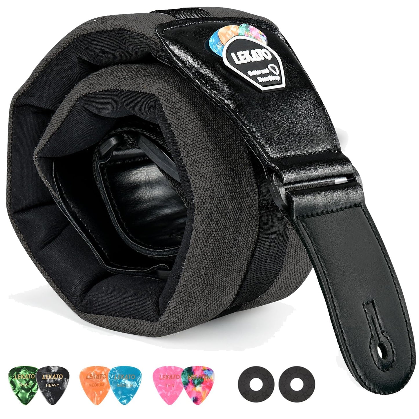 LEKATO Bass Guitar Straps for Heavy Bass & Guitars with 3.5” Wide Guitar Strap Padded Thickened Foam Bass Straps Adjustable Length from 45" to 55" Bass Guitar Strap with 2 Strap Locks & 6 Picks-Black