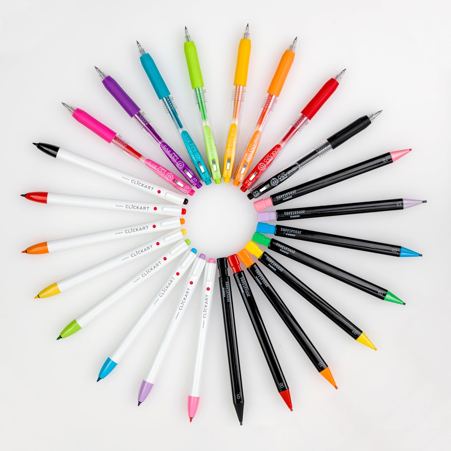 Zebra Pen Creative Essentials Clicking Set 24-Pack, Includes 8 CLiCKART Markers, 8 Coloured Pencils and 8 SARASA Clip Retractable Gel Pens, Assorted Ink Colours, Ideal For Bullet Journaling (76124)