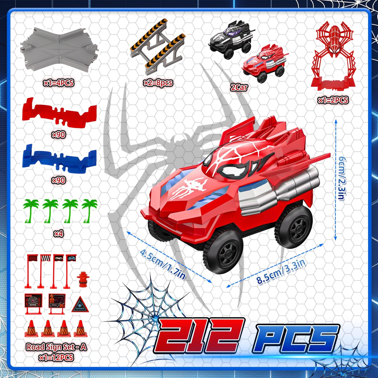 Spider Race Track Toys for Boys 4-6 - Monster Truck Toys for 3 4 5 6 7 8 Year Old Boys Girls, Toddler Tracks Playset with 2 Electric Spider Cars, Kids Christmas Birthday Gifts Age 3-4 3-5 6-8 (212PCS)