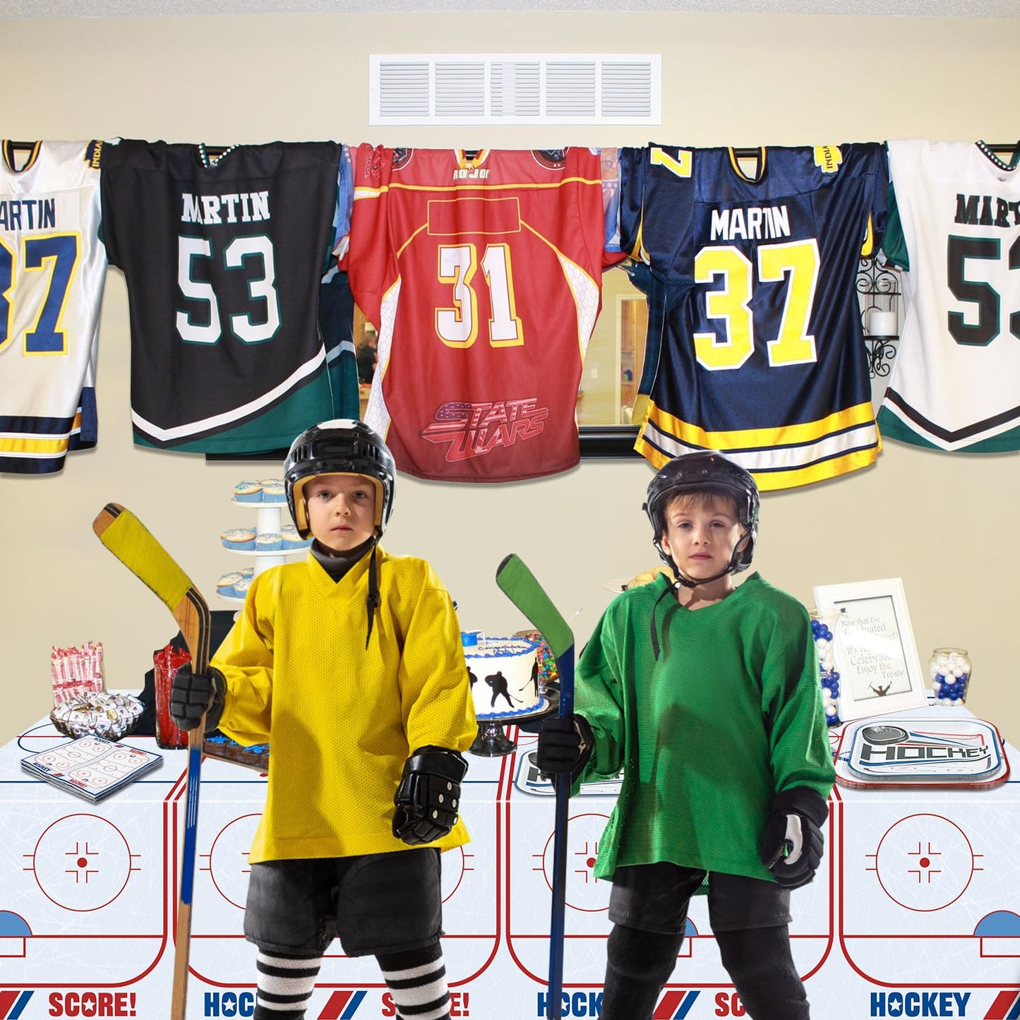 Hockey Birthday Decorations - Ice Hockey Tableware Pack, Disposable Hockey Theme Plates, Napkins, Tablecloth for Kids Fans Sports Hockey Birthday Party Supplies, Serve 40